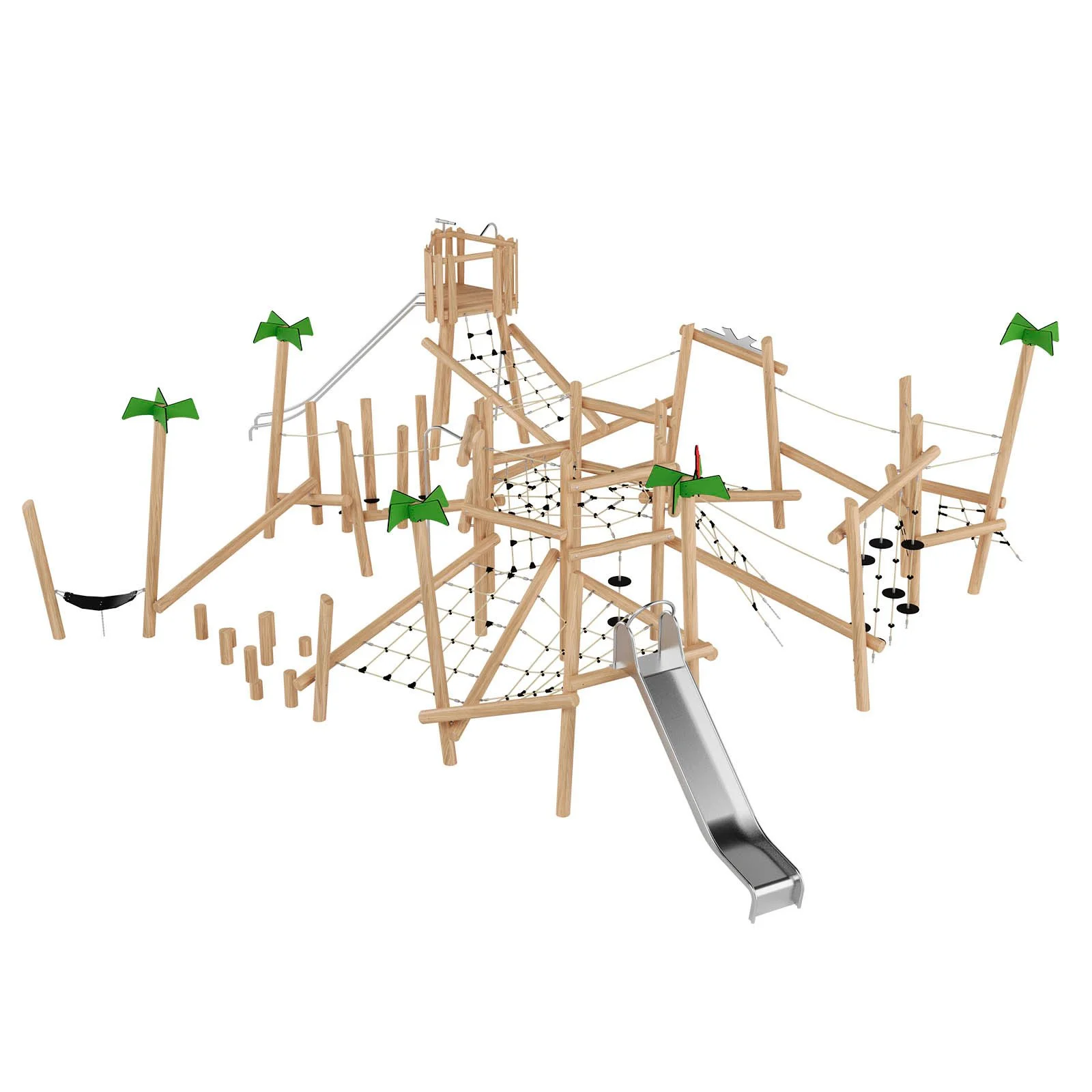 Large playground adventure set made of robinia acacia wood with slides, ropes, and climbing elements, designed for children aged 3–14 in public playgrounds.