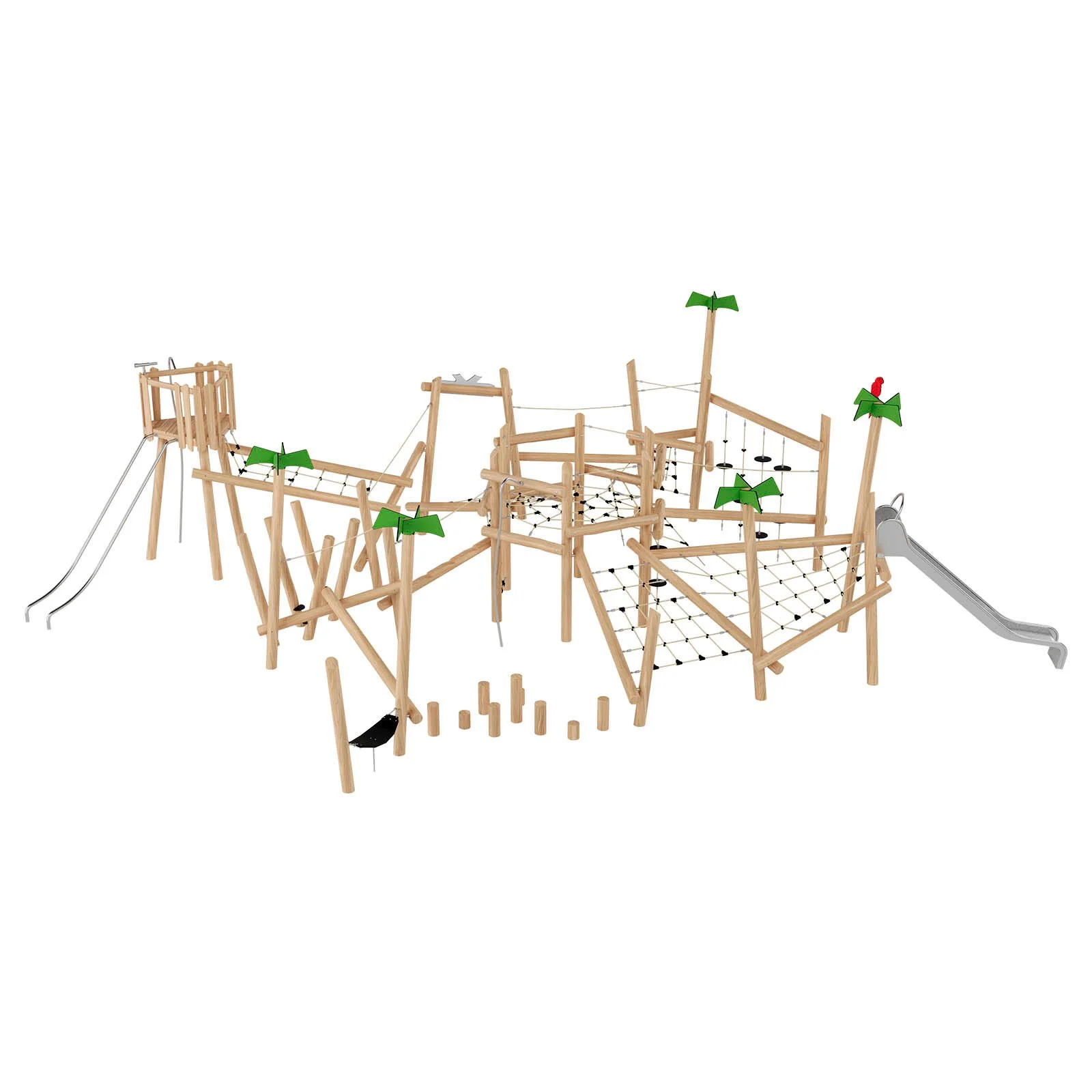 Large playground adventure set made of robinia acacia wood with slides, ropes, and climbing elements, designed for children aged 3–14 in public playgrounds.