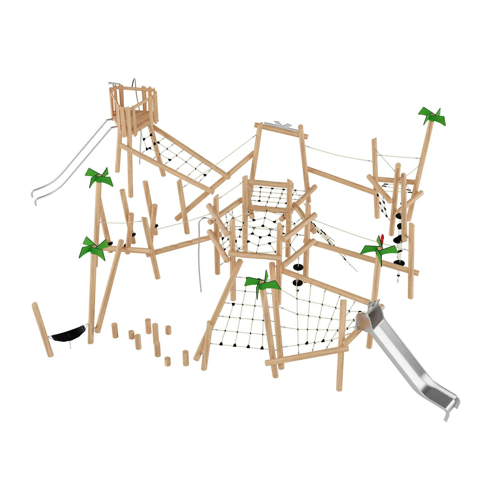 Large playground adventure set made of robinia acacia wood with slides, ropes, and climbing elements, designed for children aged 3–14 in public playgrounds.