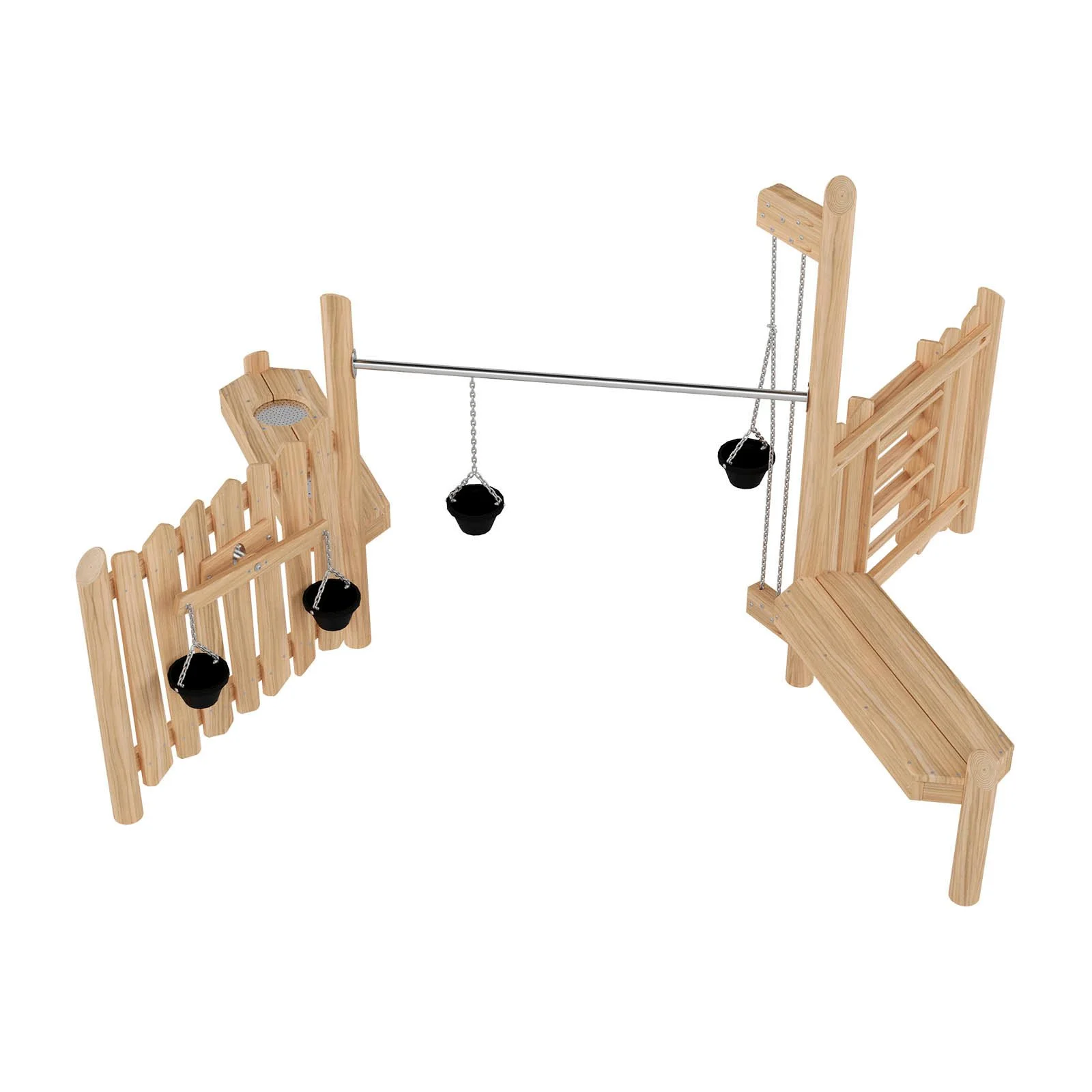 Wooden sand play structure made of robinia acacia wood with buckets and funnels, designed for children aged 3–14 for creative group play in public playgrounds.