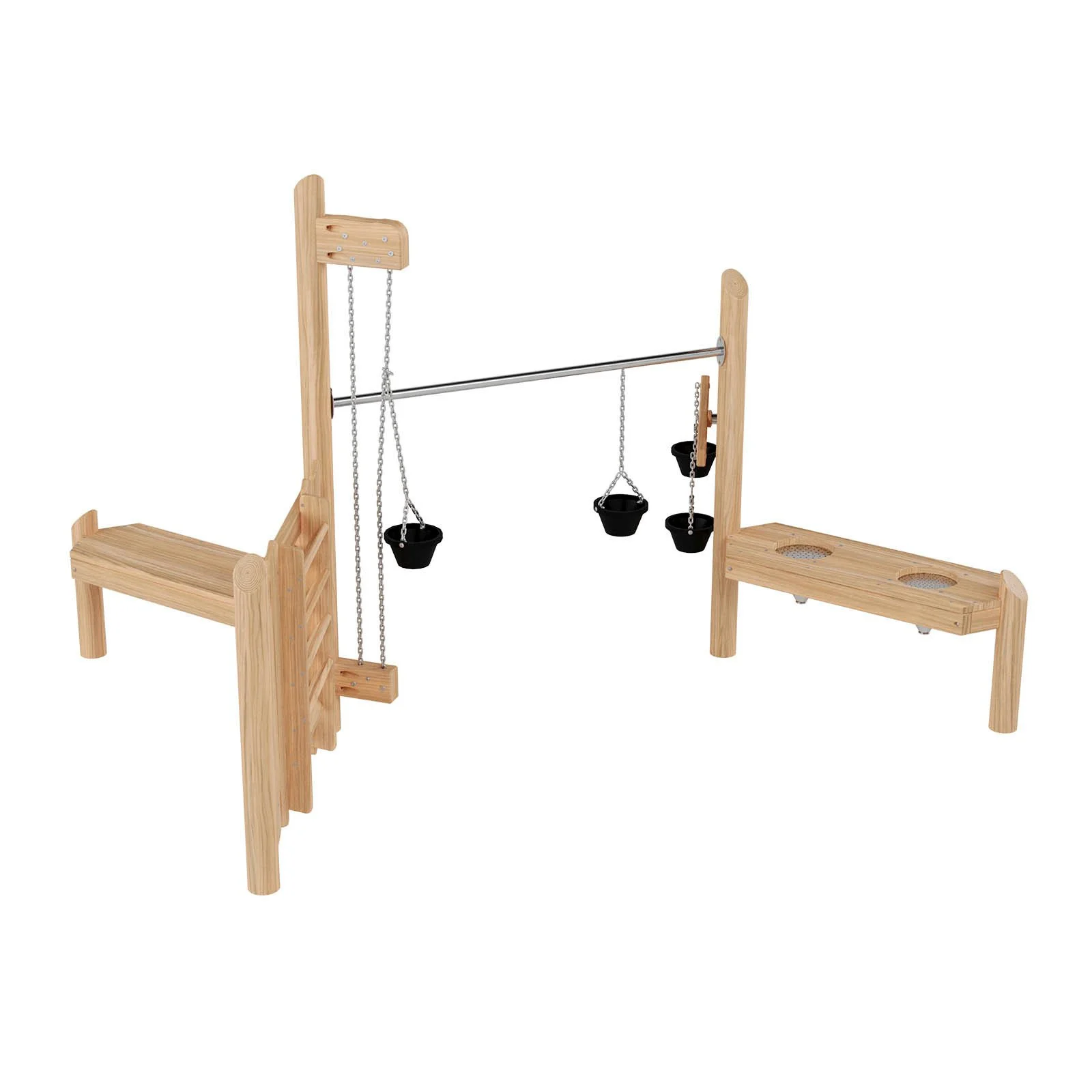 Wooden sand play structure made of robinia acacia wood with buckets and funnels, designed for children aged 3–14 for creative group play in public playgrounds.