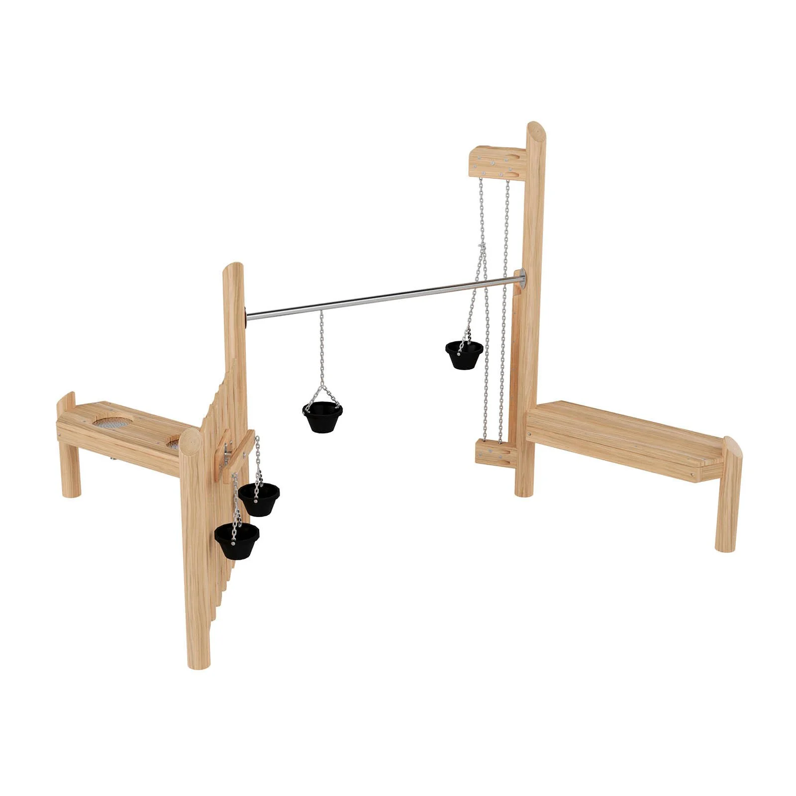 Wooden sand play structure made of robinia acacia wood with buckets and funnels, designed for children aged 3–14 for creative group play in public playgrounds.