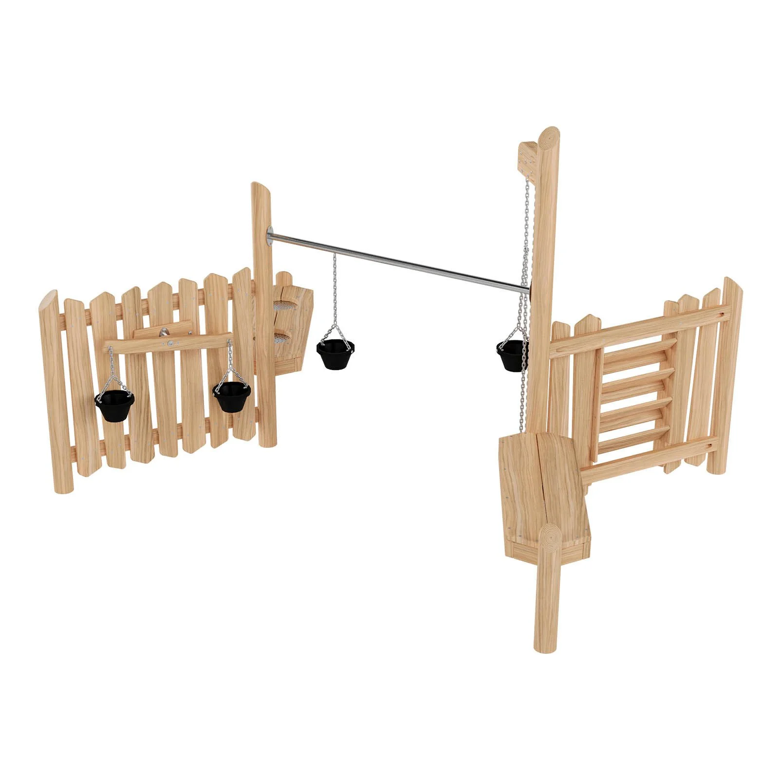 Wooden sand play structure made of robinia acacia wood with buckets and funnels, designed for children aged 3–14 for creative group play in public playgrounds.