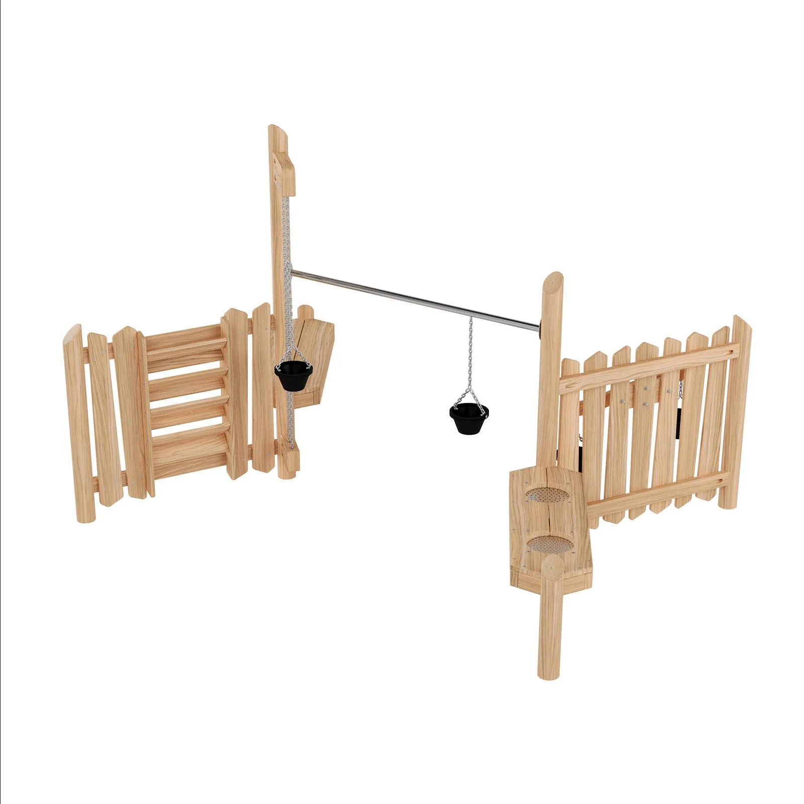 Wooden sand play structure made of robinia acacia wood with buckets and funnels, designed for children aged 3–14 for creative group play in public playgrounds.