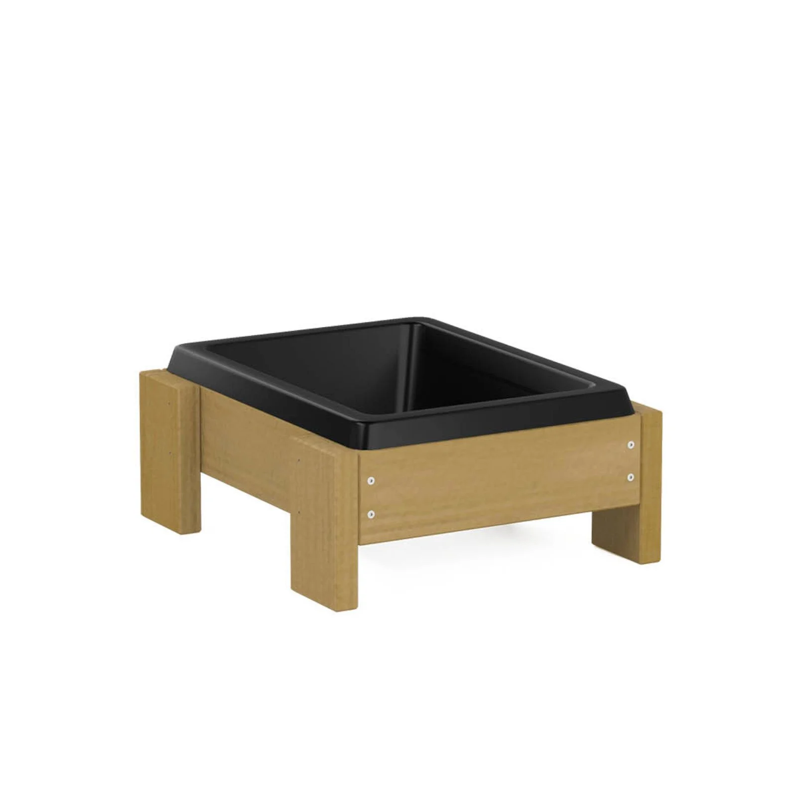 Natural wooden sensory planter with polymer container, made of impregnated pine wood, designed for children aged 1–7 for gardening and sensory play.