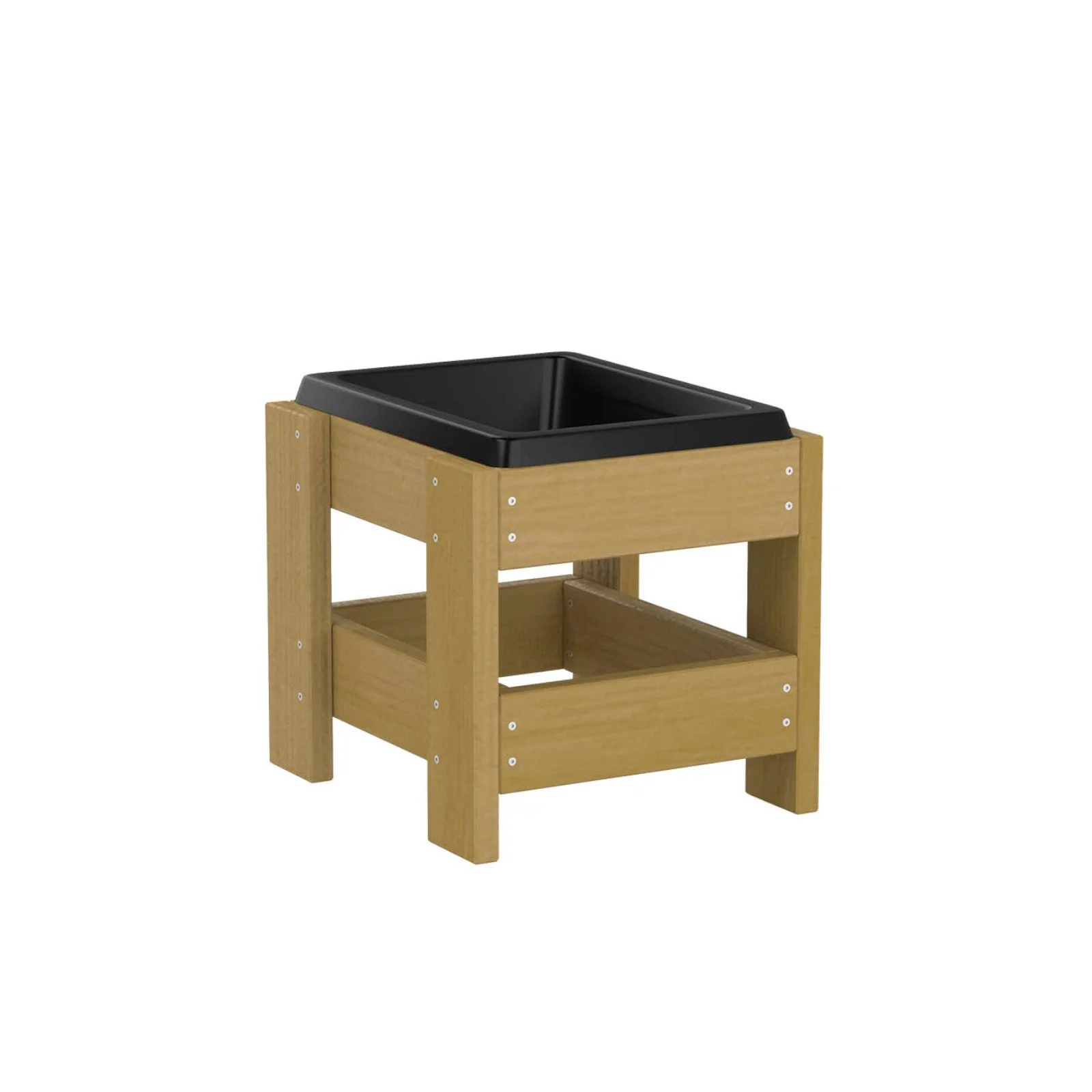 Natural wooden sensory planter with polymer container, made of impregnated pine wood, designed for children aged 1–7 for gardening and sensory play.