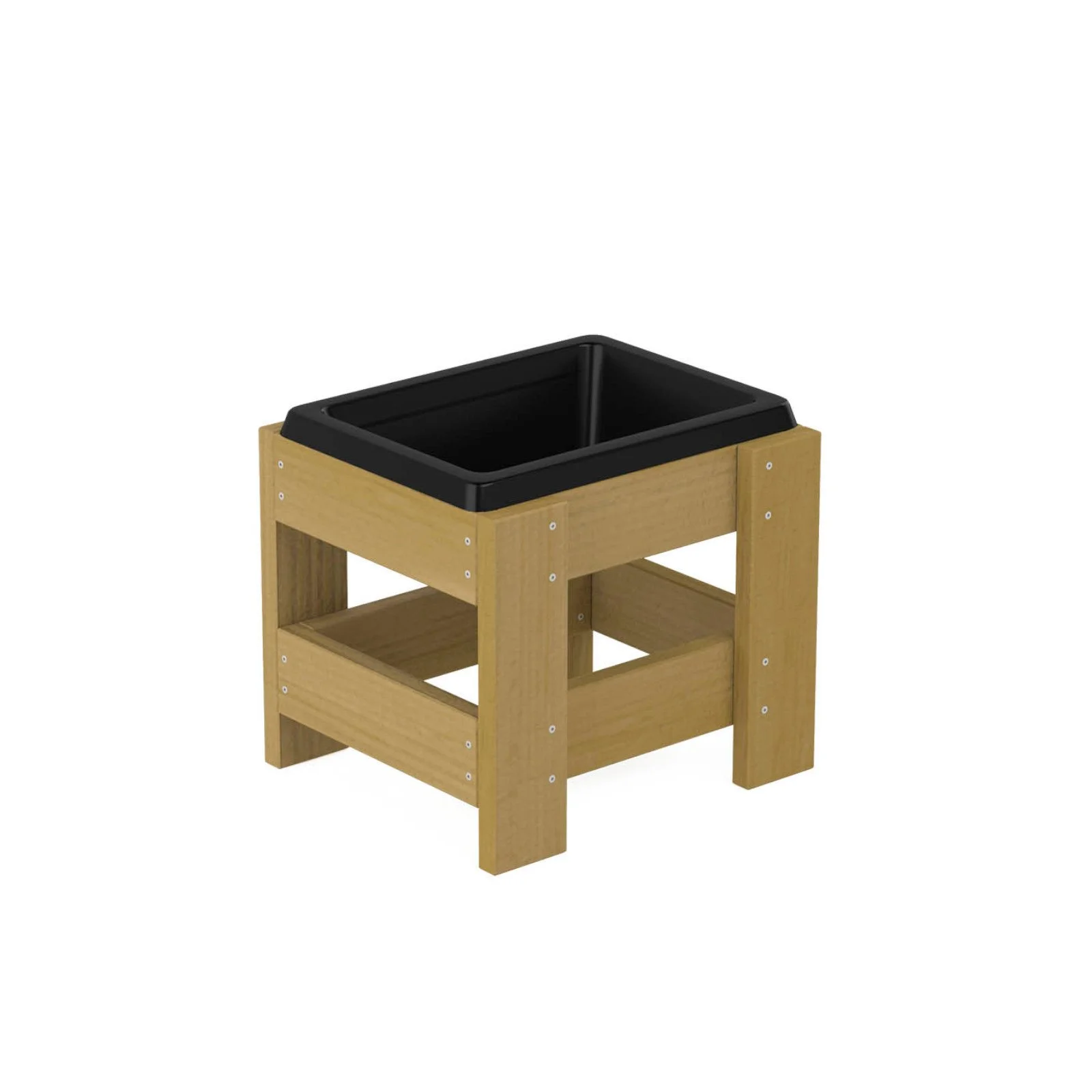 Natural wooden sensory planter with polymer container, made of impregnated pine wood, designed for children aged 1–7 for gardening and sensory play.