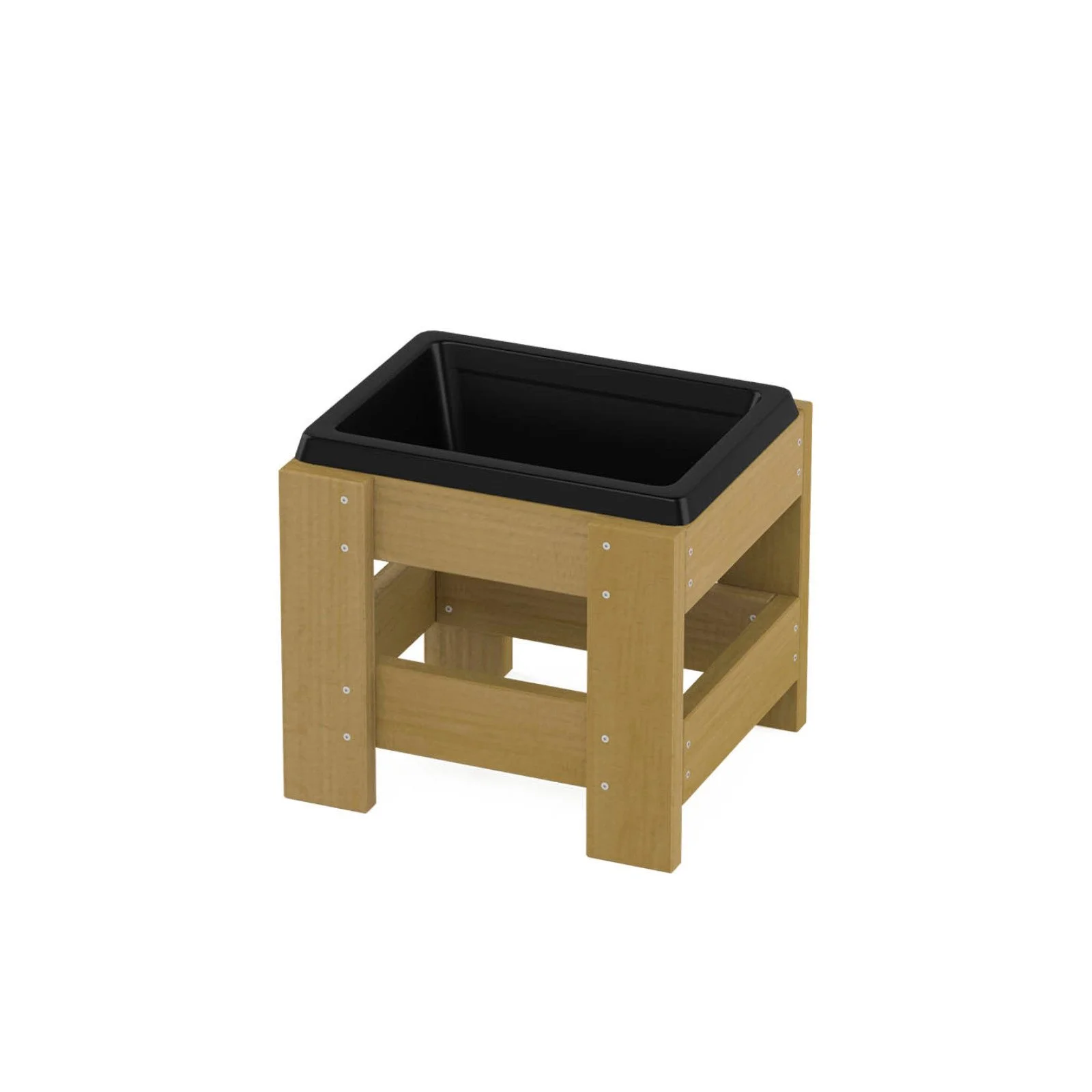 Natural wooden sensory planter with polymer container, made of impregnated pine wood, designed for children aged 1–7 for gardening and sensory play.