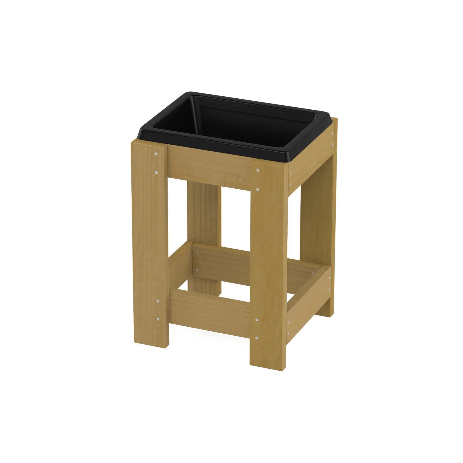 Natural wooden sensory planter with polymer container, made of impregnated pine wood, designed for children aged 1–7 for gardening and sensory play.
