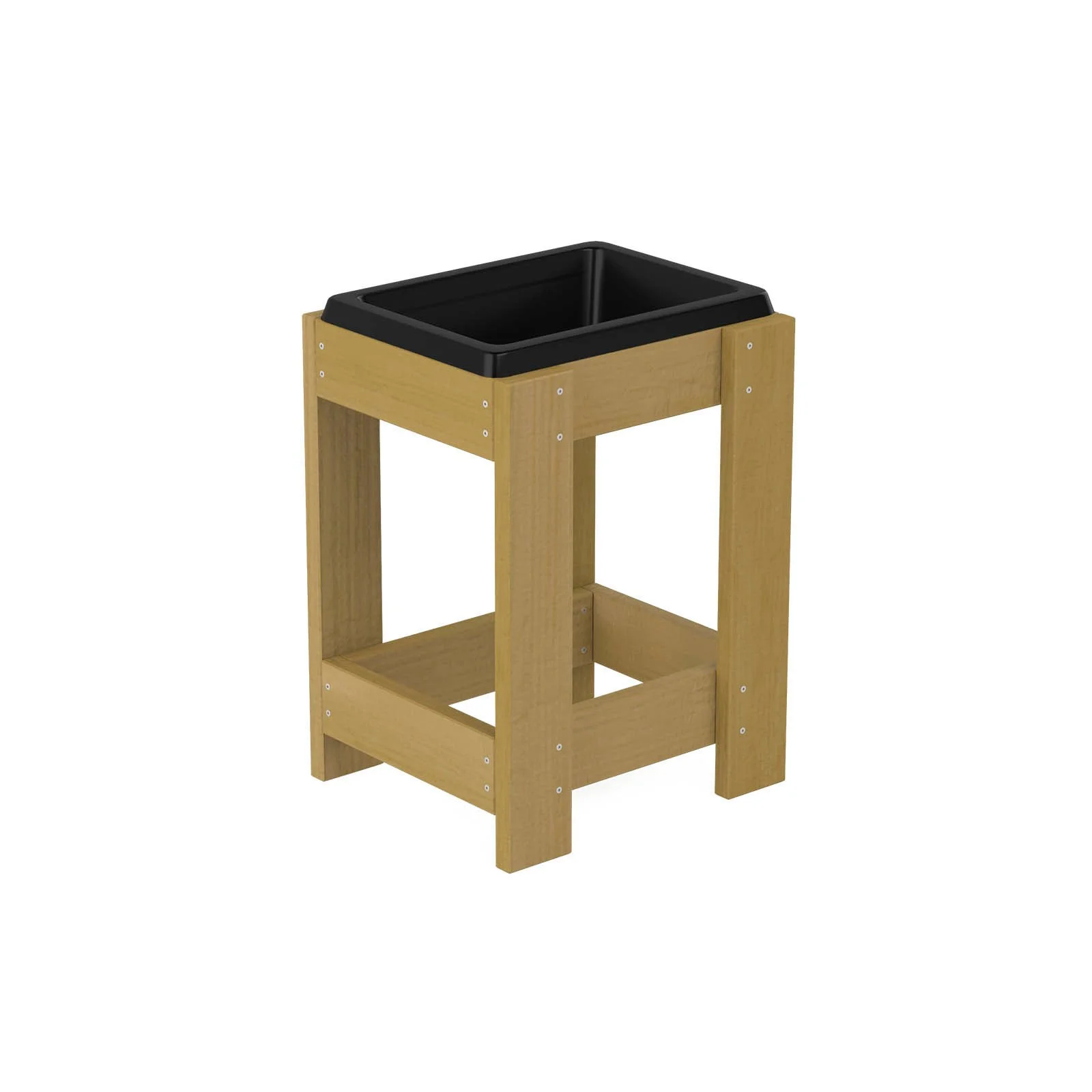 Natural wooden sensory planter with polymer container, made of impregnated pine wood, designed for children aged 1–7 for gardening and sensory play.