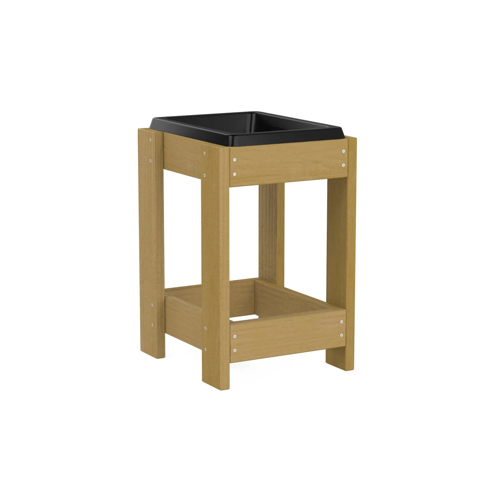 Natural wooden sensory planter with polymer container, made of impregnated pine wood, designed for children aged 1–7 for gardening and sensory play.