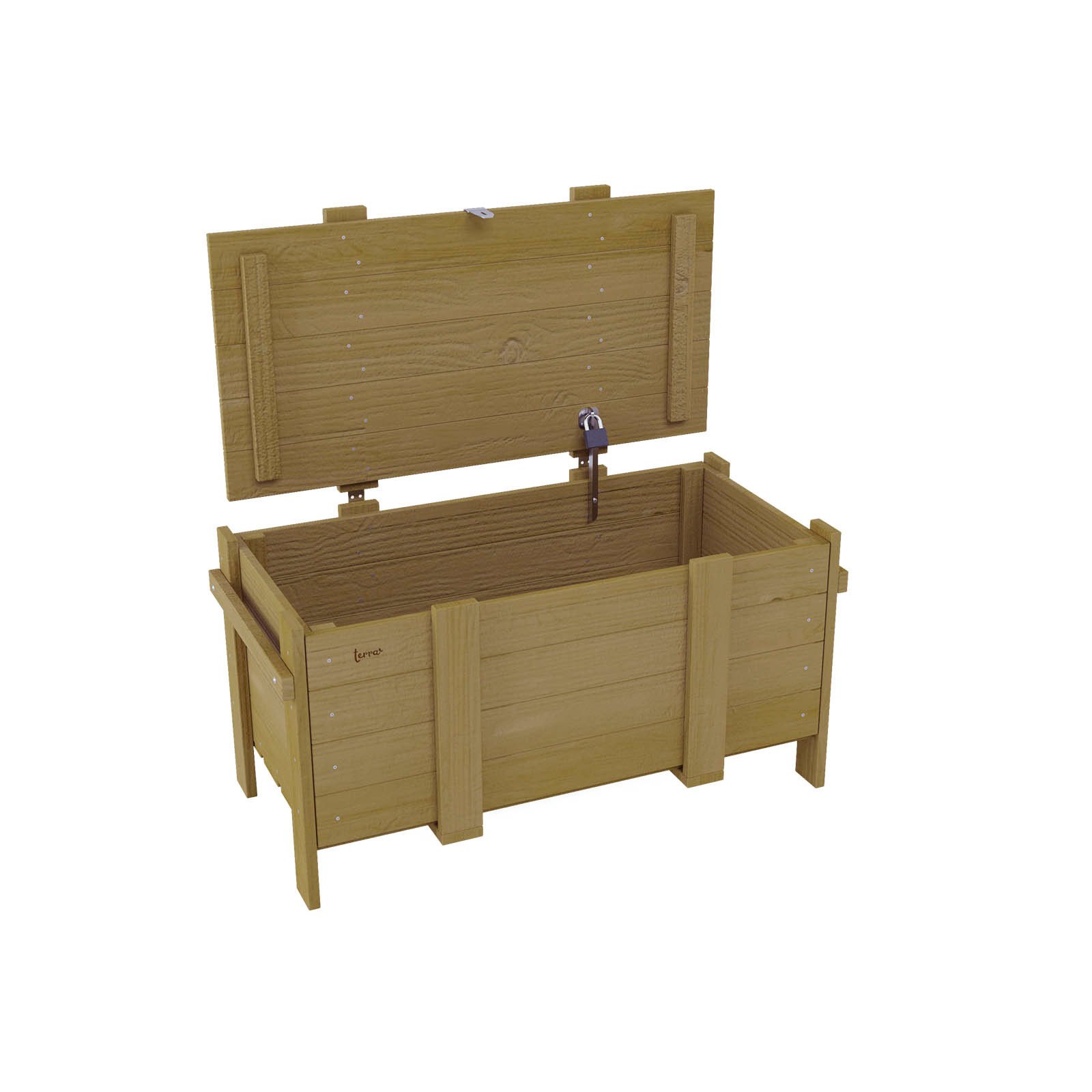 Natural wooden sensory garden storage box made of impregnated pine wood, designed for children aged 1–7 to support organized outdoor sensory play.