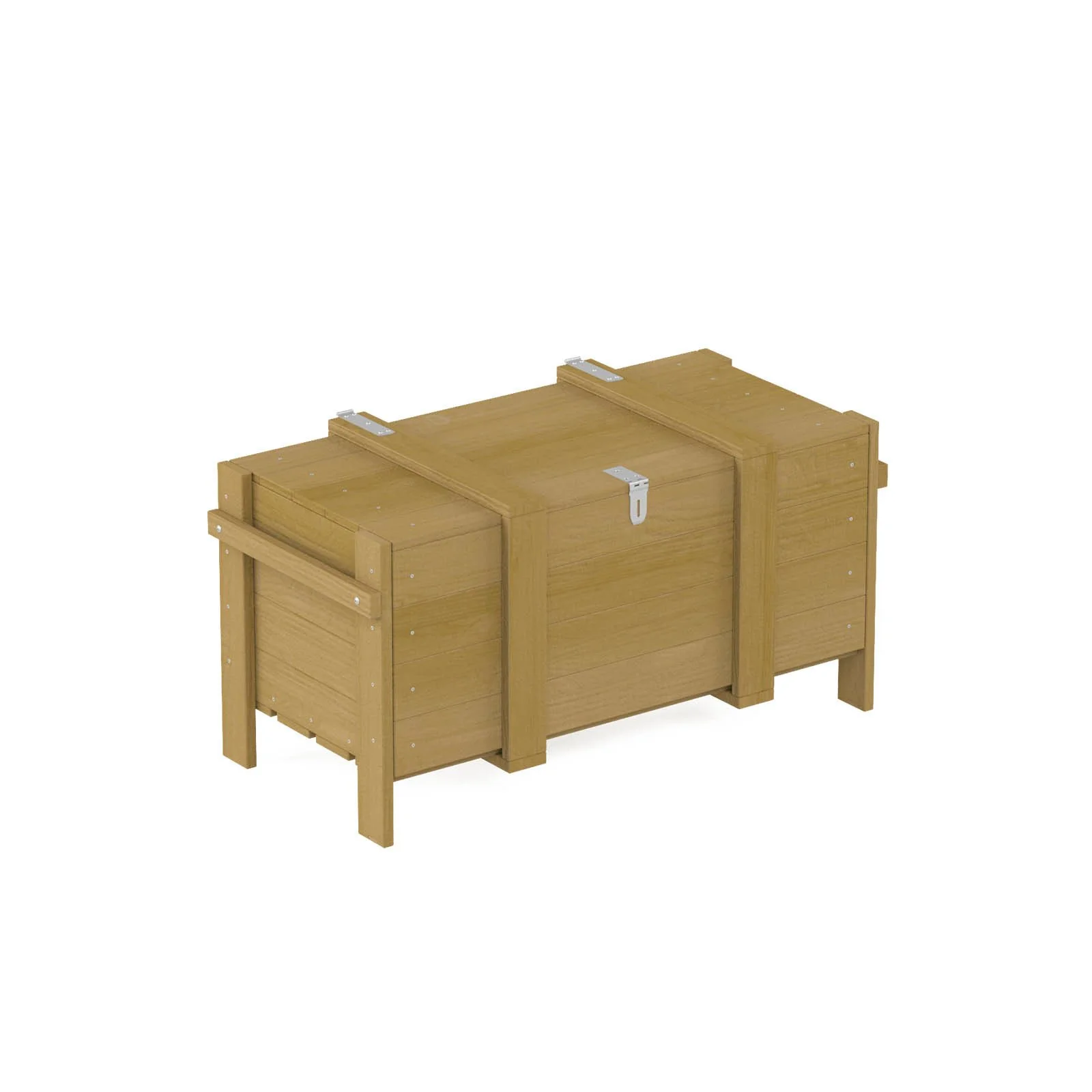 Natural wooden sensory garden storage box made of impregnated pine wood, designed for children aged 1–7 to support organized outdoor sensory play.