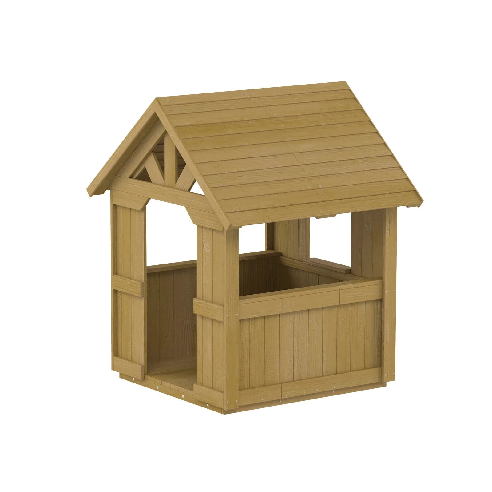 Natural wooden playhouse made of impregnated pine wood, designed for children aged 1–5 to support imaginative and outdoor sensory play.