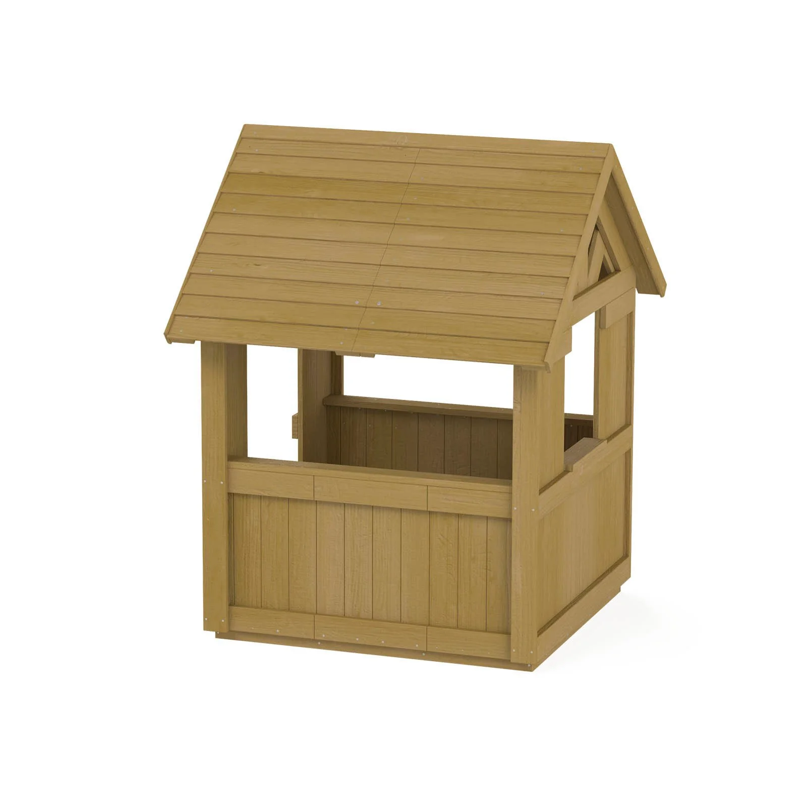 Natural wooden playhouse made of impregnated pine wood, designed for children aged 1–5 to support imaginative and outdoor sensory play.