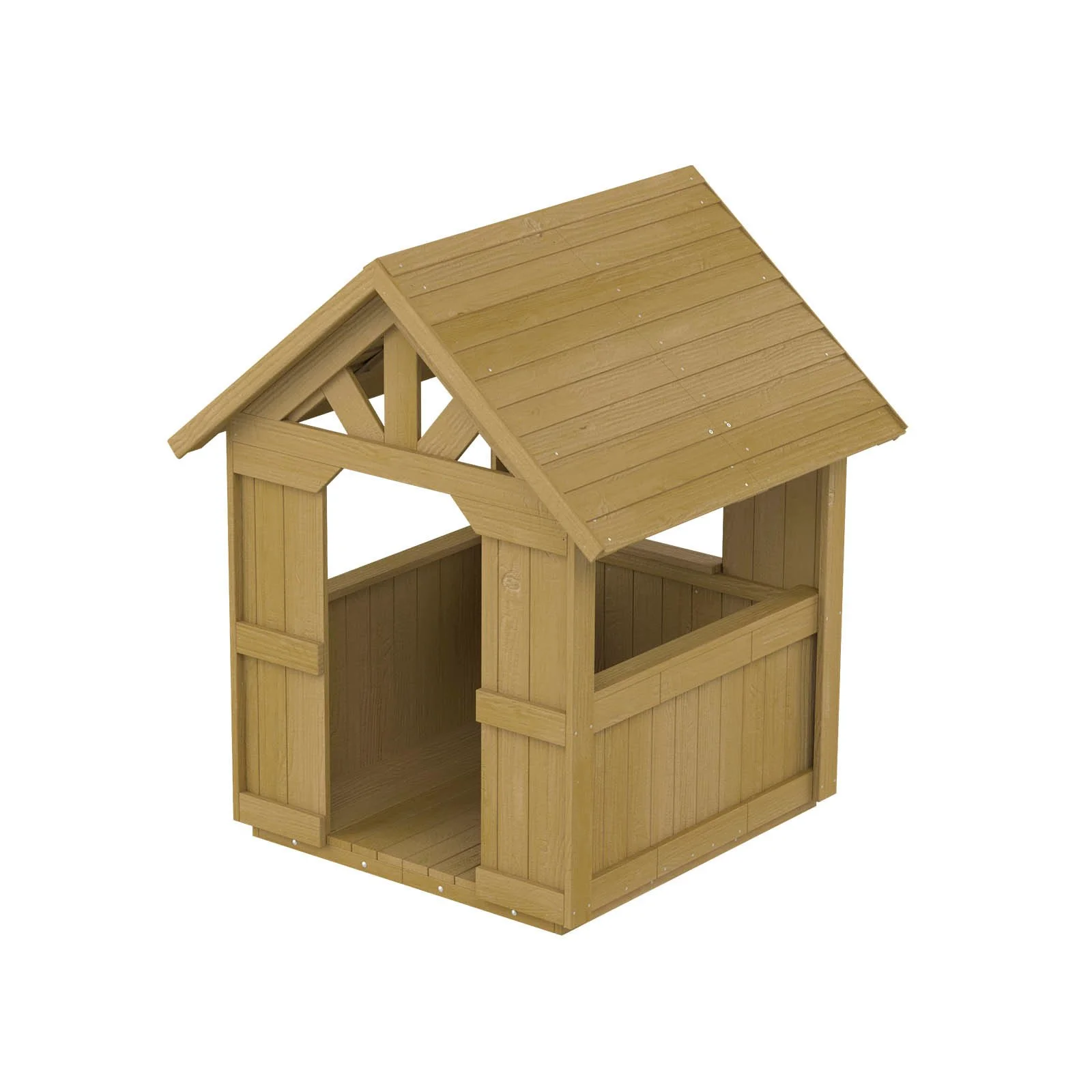 Natural wooden playhouse made of impregnated pine wood, designed for children aged 1–5 to support imaginative and outdoor sensory play.