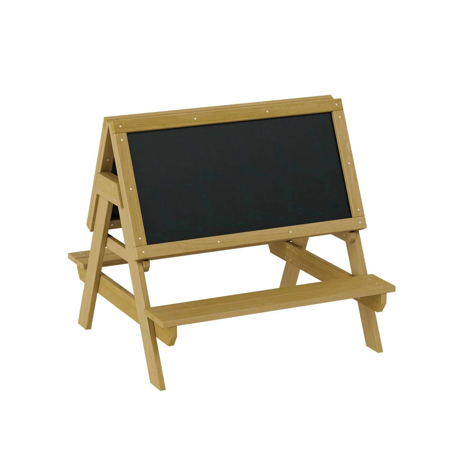 Natural wooden drawing board with integrated seats, made of impregnated pine wood for children aged 1–7 for creative outdoor play and learning.