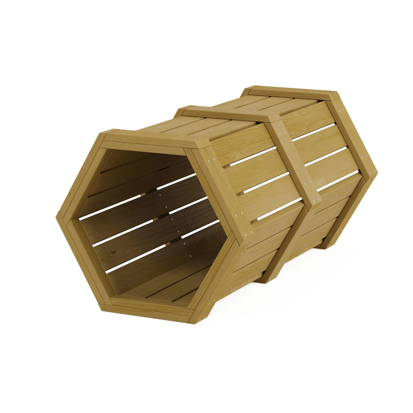 Natural wooden crawl tunnel made of impregnated pine wood, designed for children aged 1–7 to support motor development and coordination outdoors.