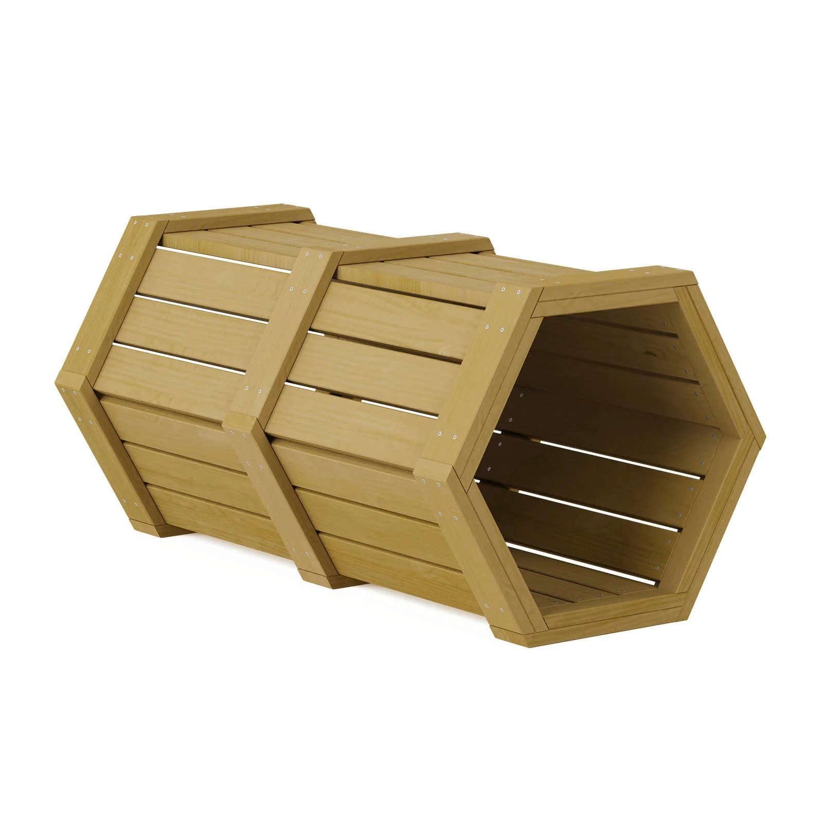 Natural wooden crawl tunnel made of impregnated pine wood, designed for children aged 1–7 to support motor development and coordination outdoors.