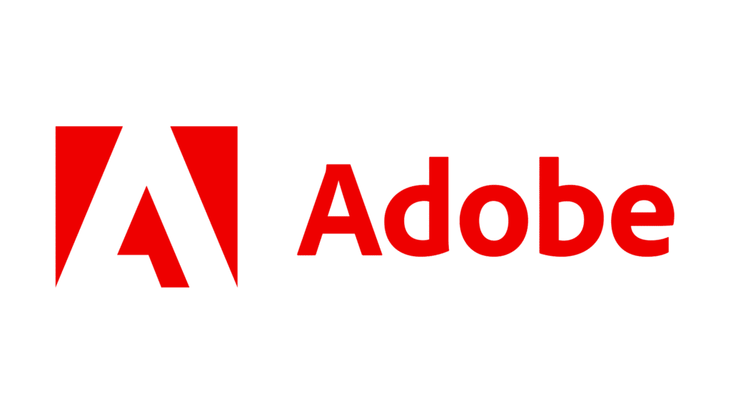 Adobe logo with a stylized 'A' in red and the word 'Adobe' in red text beside it.