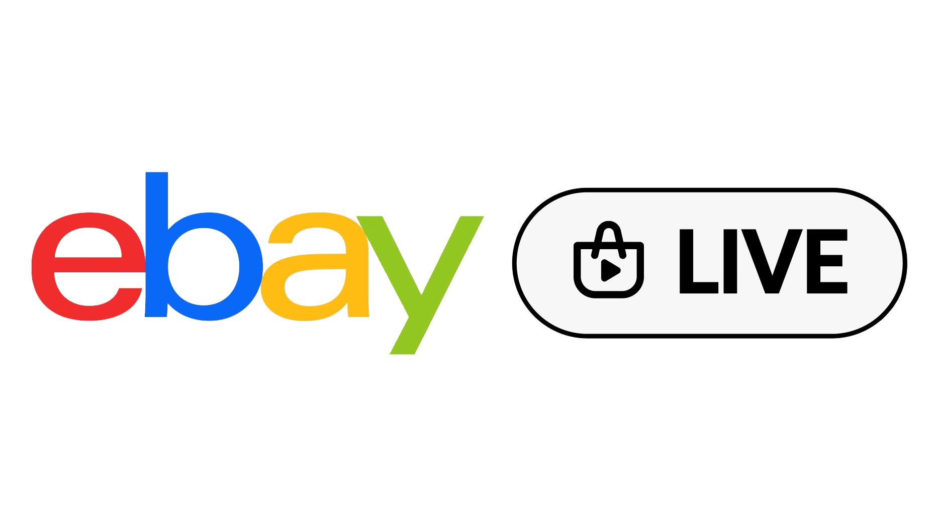 Ebay logo with colorfully styled text and a black outline box with a shopping bag icon and the word LIVE inside
