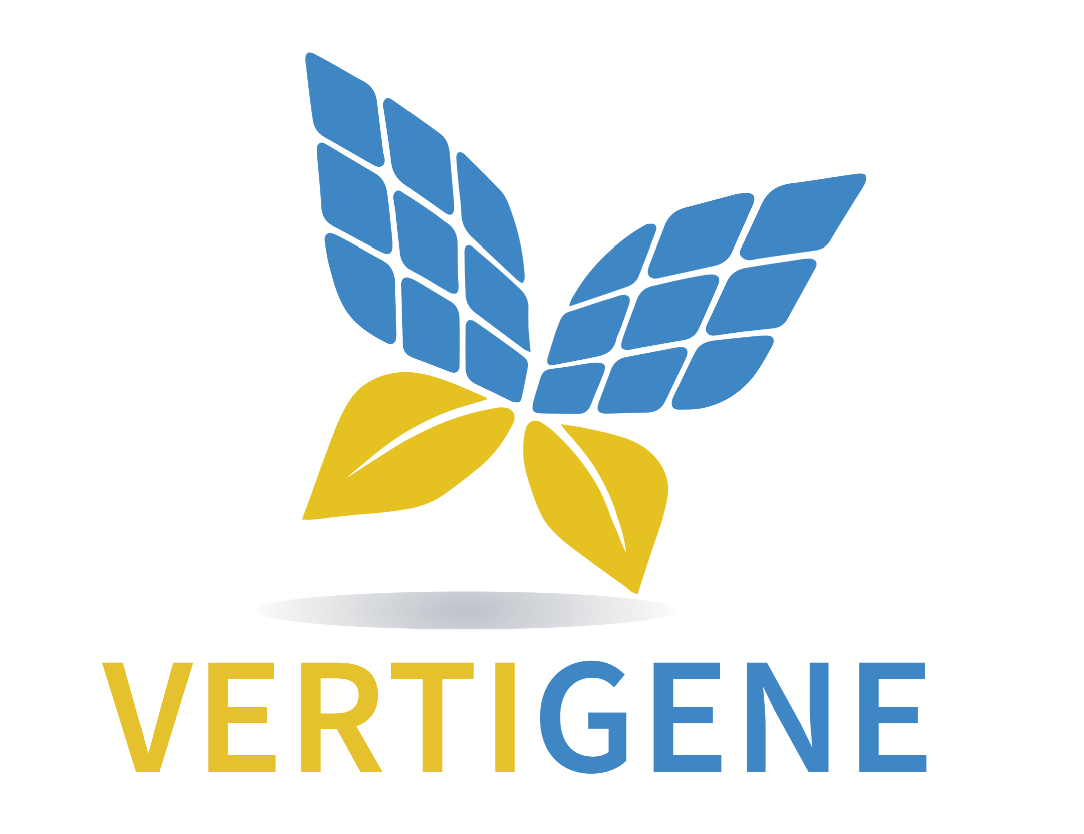 Ein Logo mit blauen und gelben Blättern und dem Schriftzug VertIGene.