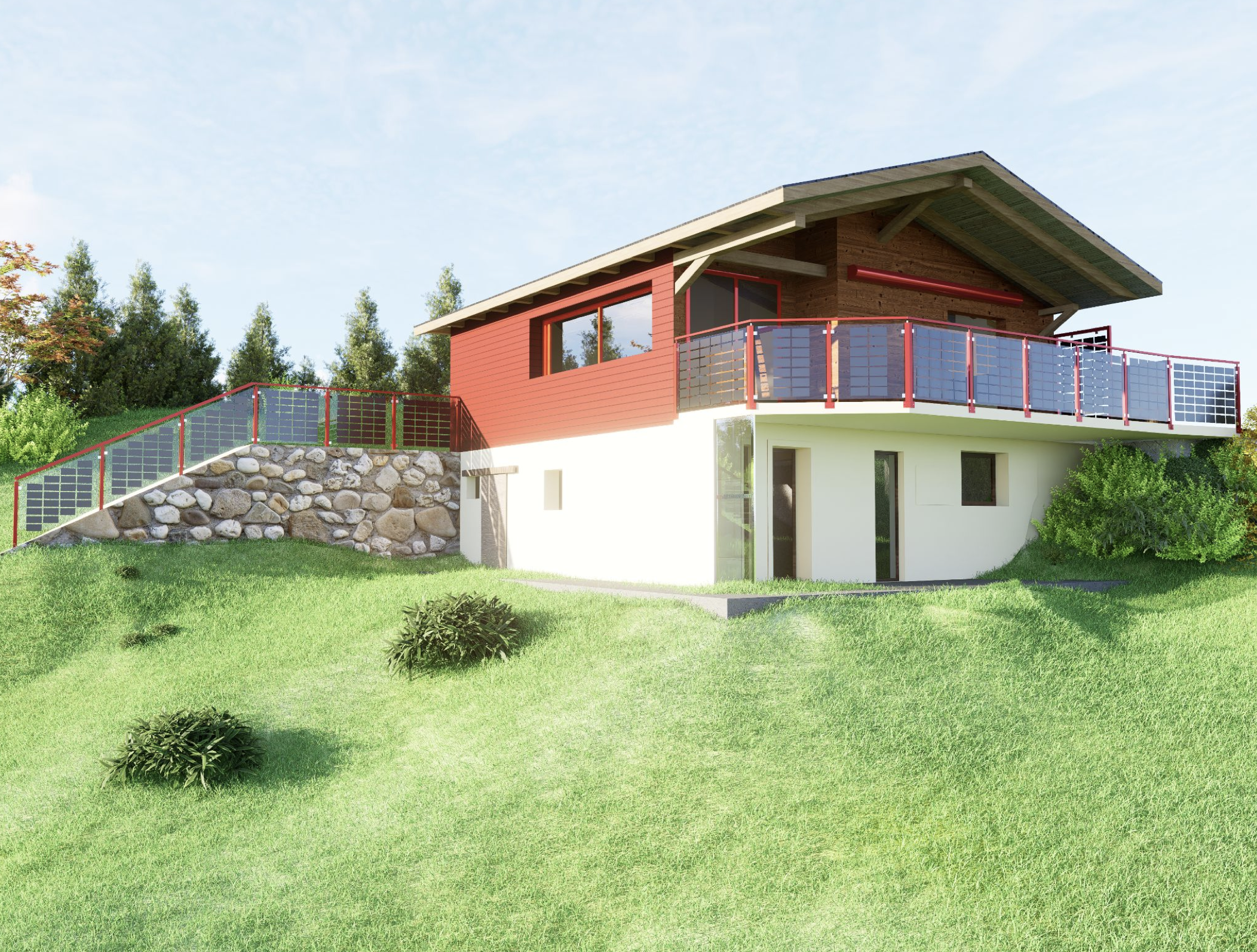 Ein modernes zweistöckiges Haus mit einem großen Balkon, holzverkleideter Fassade und einem grünen Garten mit kleinen Büschen, in einer ländlichen Umgebung mit Bäumen im Hintergrund.