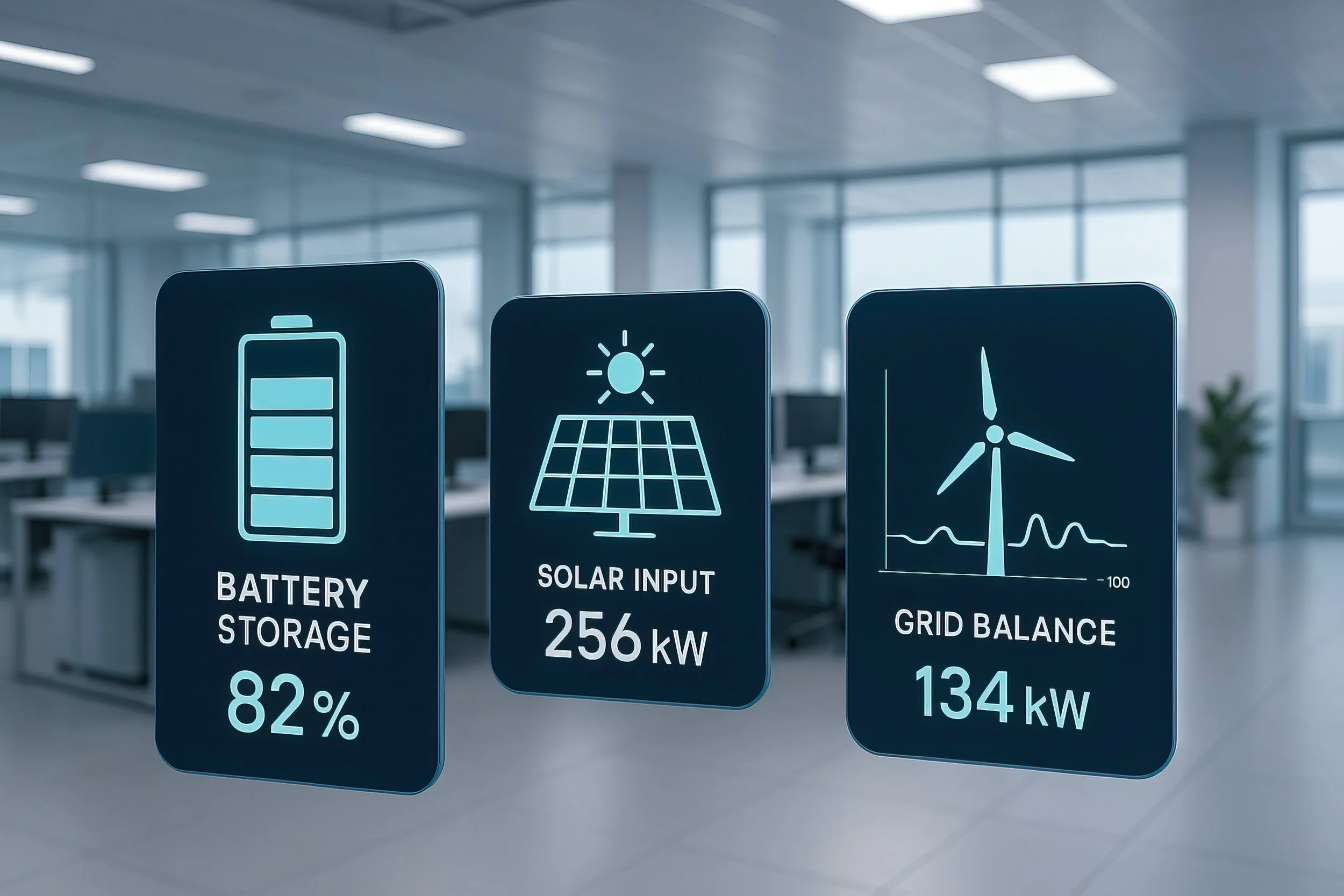 Digitale Anzeigetafeln in einem modernen Büro, die Batteriestand, Solarleistung und Netzinduktion anzeigen.