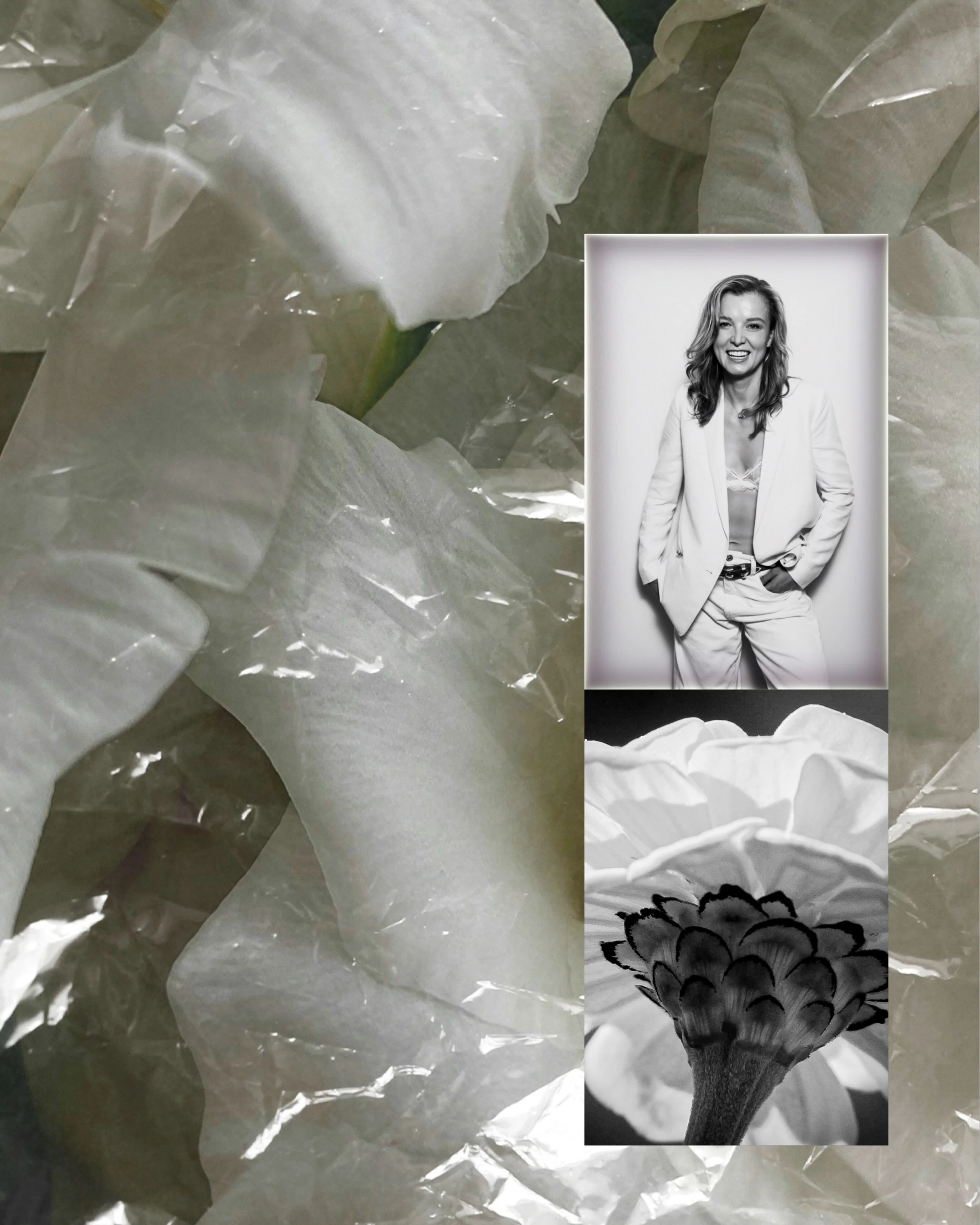 A collage of three images over a background of crumpled plastic