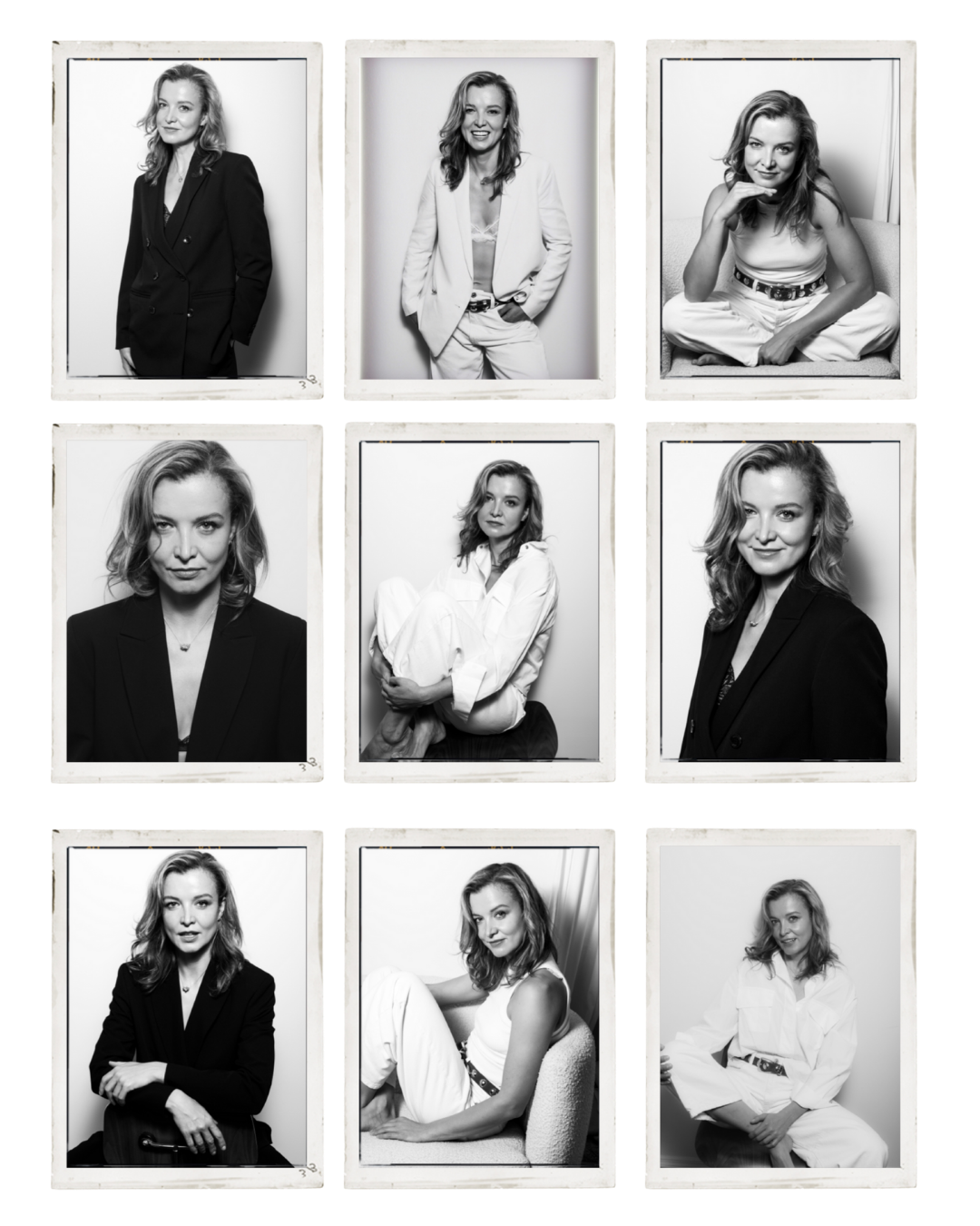 Nine black-and-white portraits of women, each in a Polaroid-style frame, arranged in a 3x3 grid. The women are posing individually, with some seated, some standing, and some sitting cross-legged, all looking at the camera.