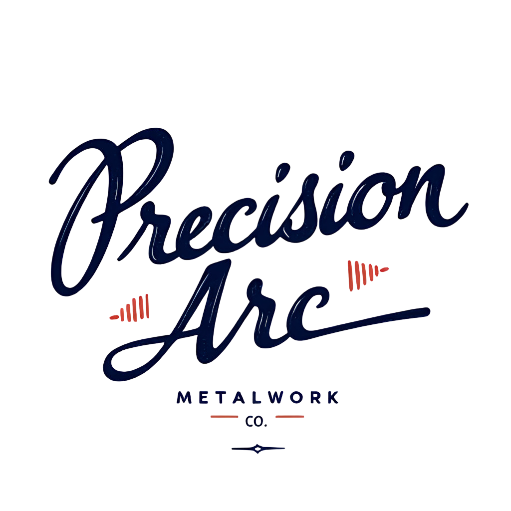 A logo for Precision Arc Metalwork Co. featuring stylized dark blue cursive text, small red decorative elements, and a dark blue underline.