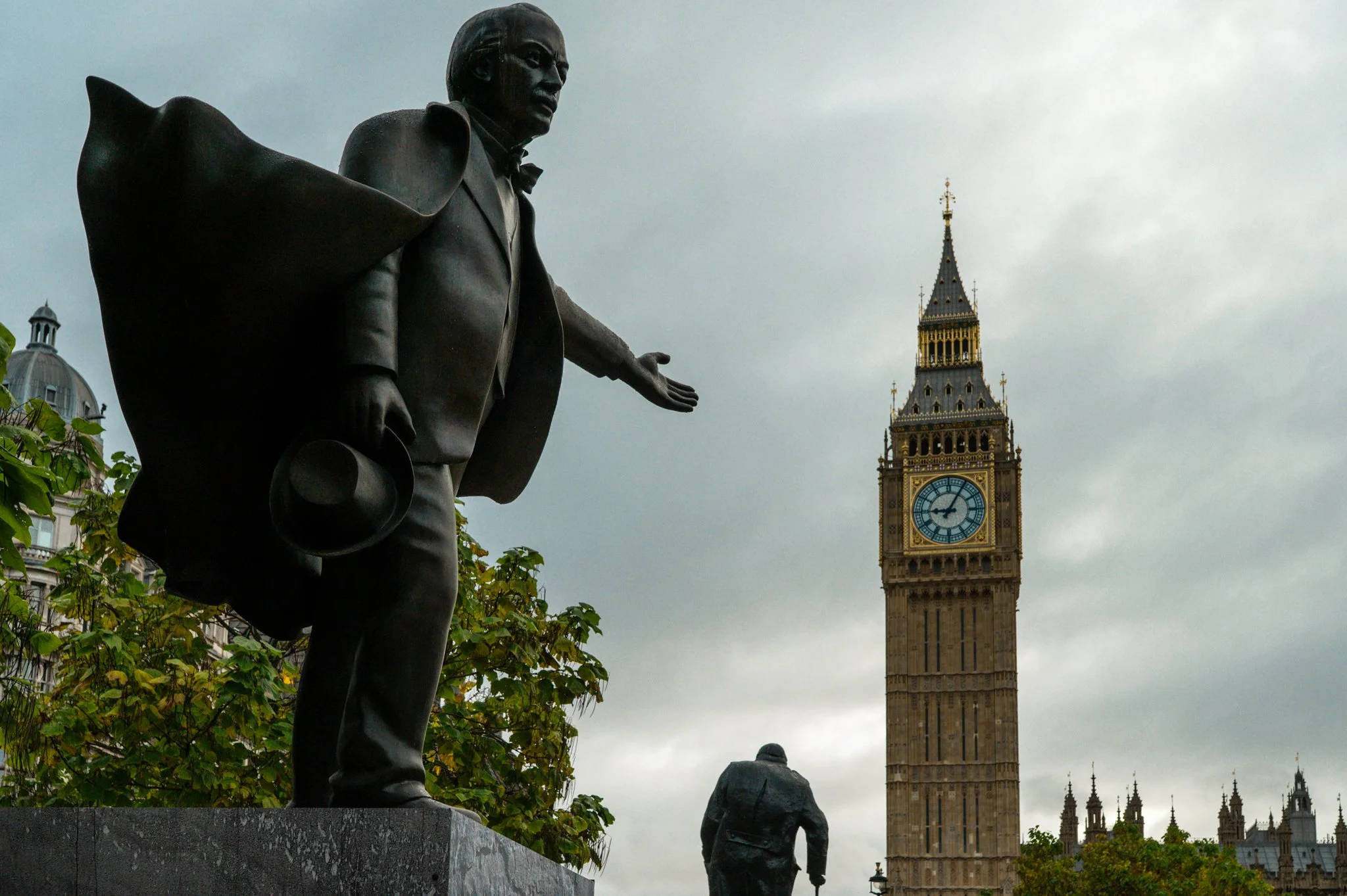 Statue of Winston Churchill with Big Ben in the background in London