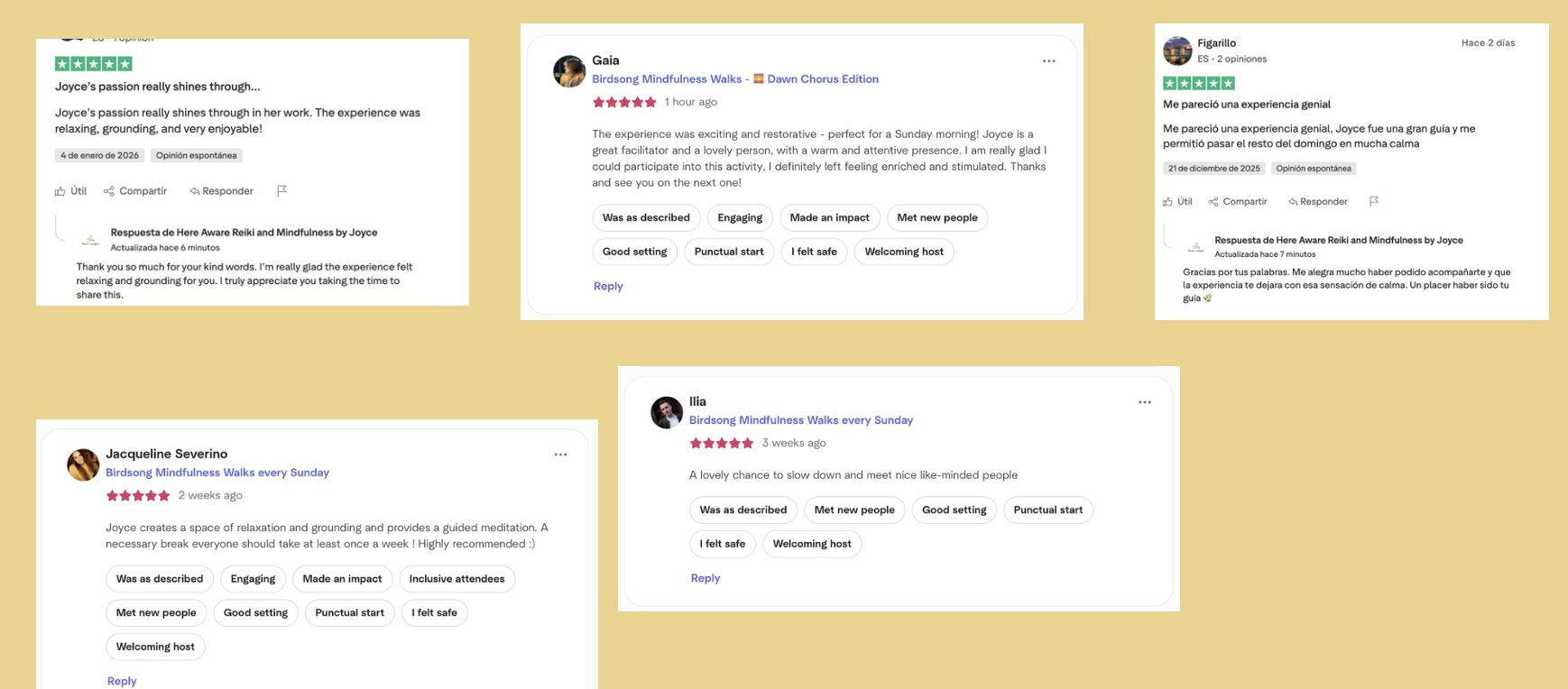 Collection of five reviews and testimonials about mindfulness walks, with star ratings, user names, and comments in English and Spanish, on a beige background.