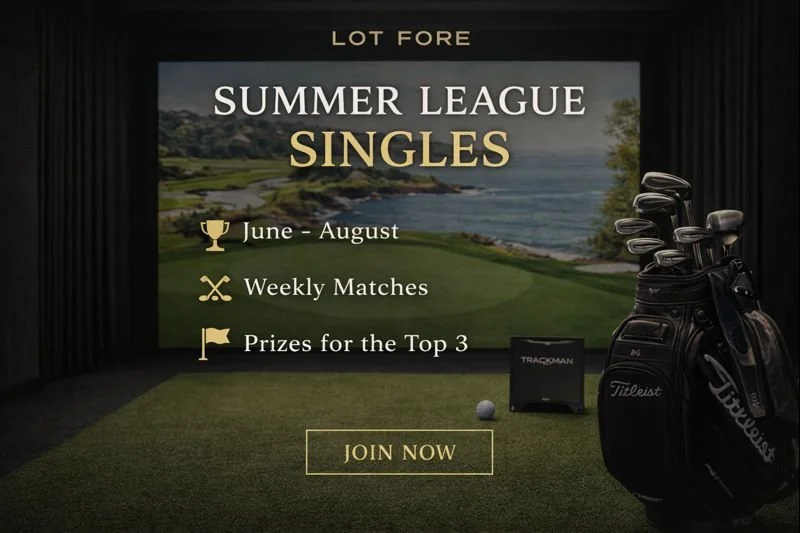 Indoor golf simulation screen advertising the Summer League Singles for June to August, with weekly matches and prizes for top three. Features a golf bag with clubs on the right side.