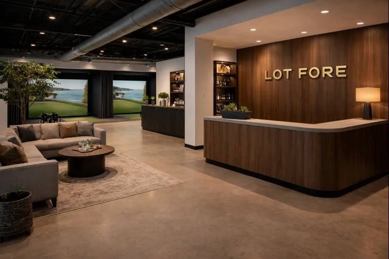 Modern hotel lobby with a sitting area, large screens showing a golf course, and a reception desk with the sign "LOFT FORE" on a wood-paneled wall.