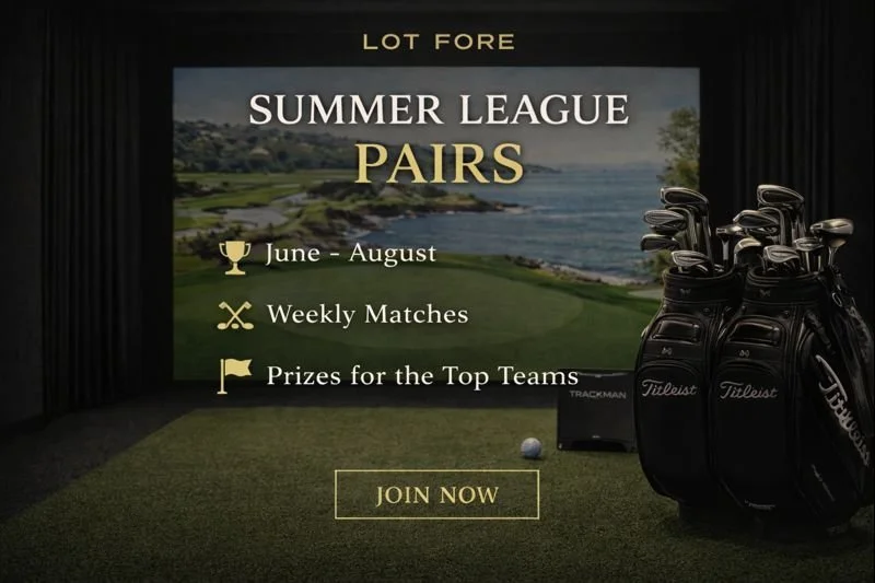 Indoor golf simulation room with a large screen showing a golf course and the text promoting the Summer League Pairs event from June to August, including weekly matches and prizes for top teams, with golf bags and clubs visible on the right side.