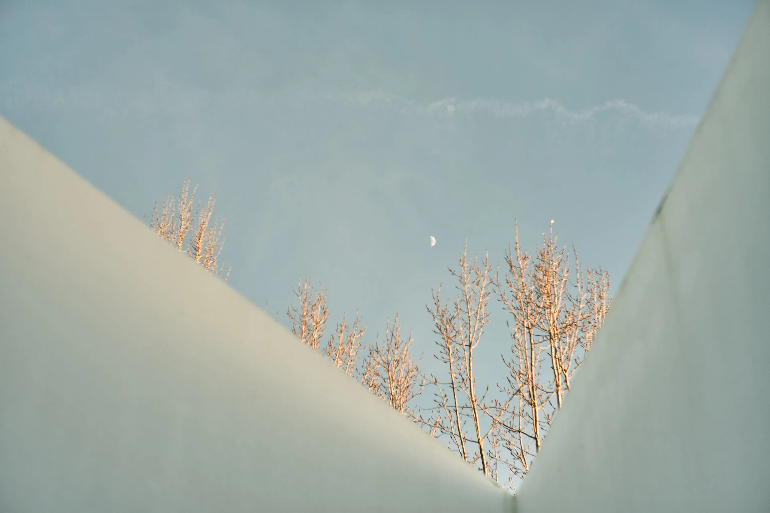 The sky visible through an opening in a wall shows a half moon and leafless trees illuminated by sunlight.
