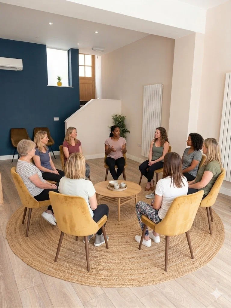 A group of nine women sitting in a circle in a bright, modern room, engaging in a discussion. They are seated on yellow and brown chairs around a round rug with a small wooden table in the center.