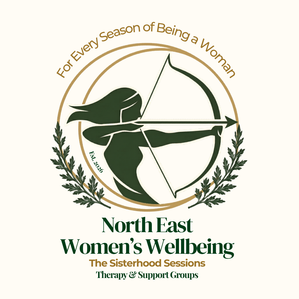 Logo for North East Women's Wellbeing featuring a stylized drawing of a woman with a bow, surrounded by olive branches, with text 'For Every Season of Being a Woman,' established 2020, and mentioning therapy and support groups.
