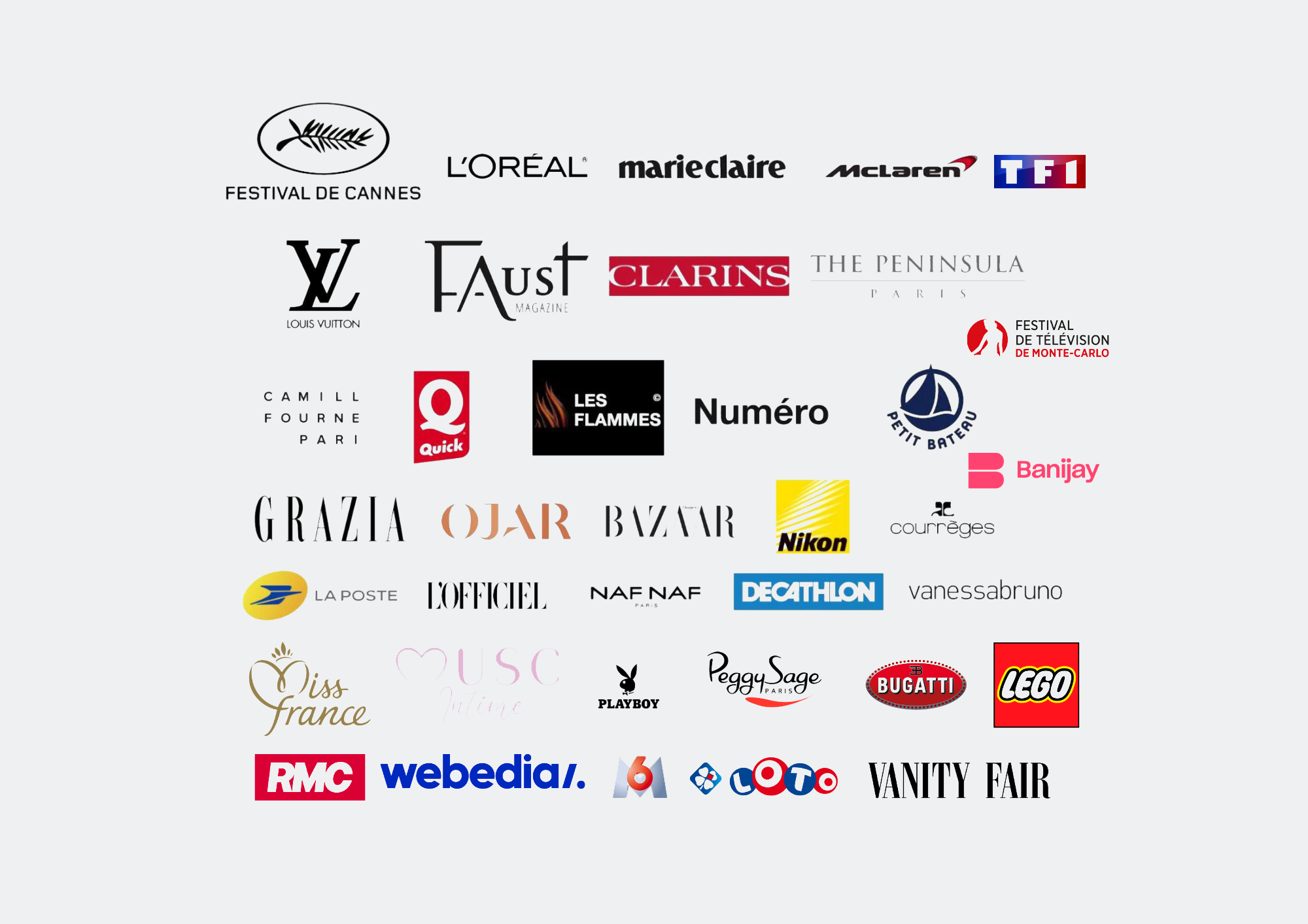 Un collage de logos de diverses marques telles que L'Oréal, Louis Vuitton, Clarins, Nikon, Lego, Bugatti, et plusieurs médias et magazines comme Vogue, Elle, Glamour, Vanity Fair, ainsi que des logos liés à la mode, la beauté, la presse, le divertissement, et la publicité.
