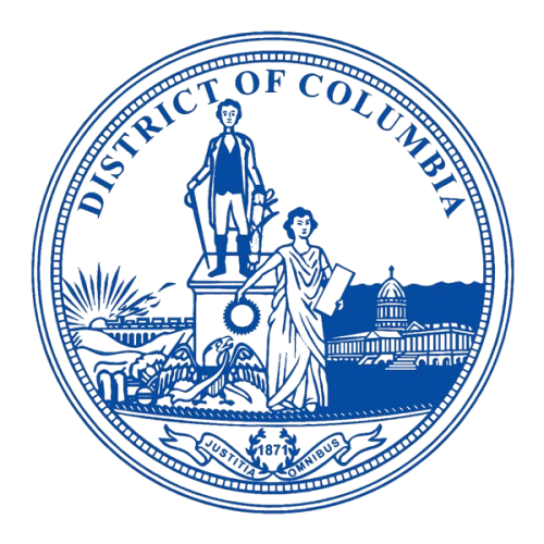 Sealed emblem of the District of Columbia featuring a man standing on a pedestal, a woman holding a torch, and various natural and architectural elements in the background.