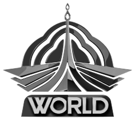 A metallic logo with a stylized globe and several layered, curved lines above the word 'WORLD' in bold capital letters.