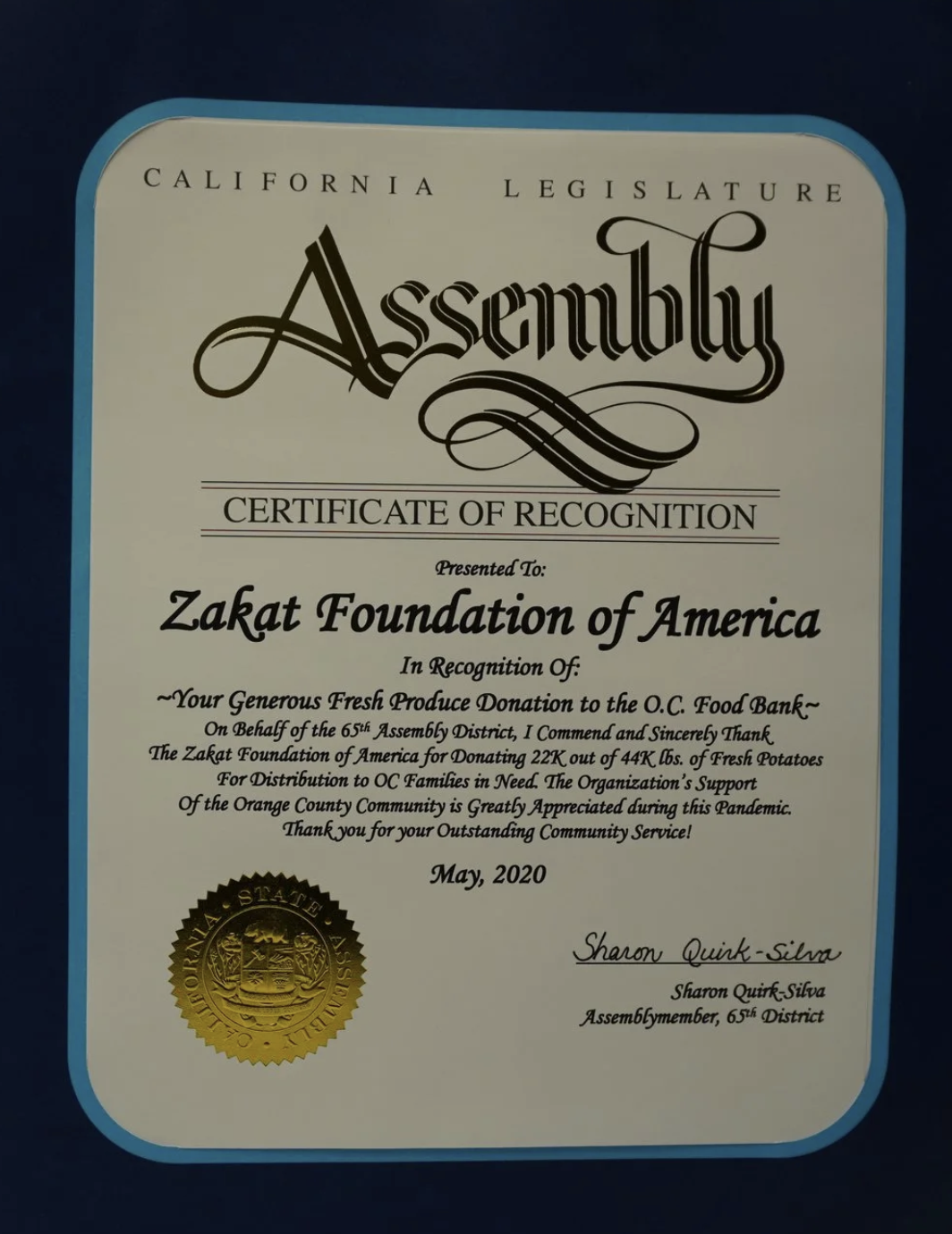 California Legislature Assembly Recognition | 2020