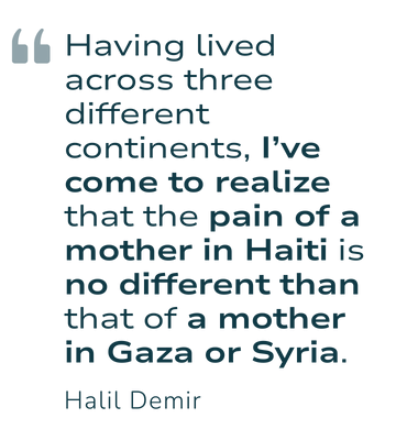 Quote by Hait Demir about shared maternal pain across Haiti, Gaza, and Syria.