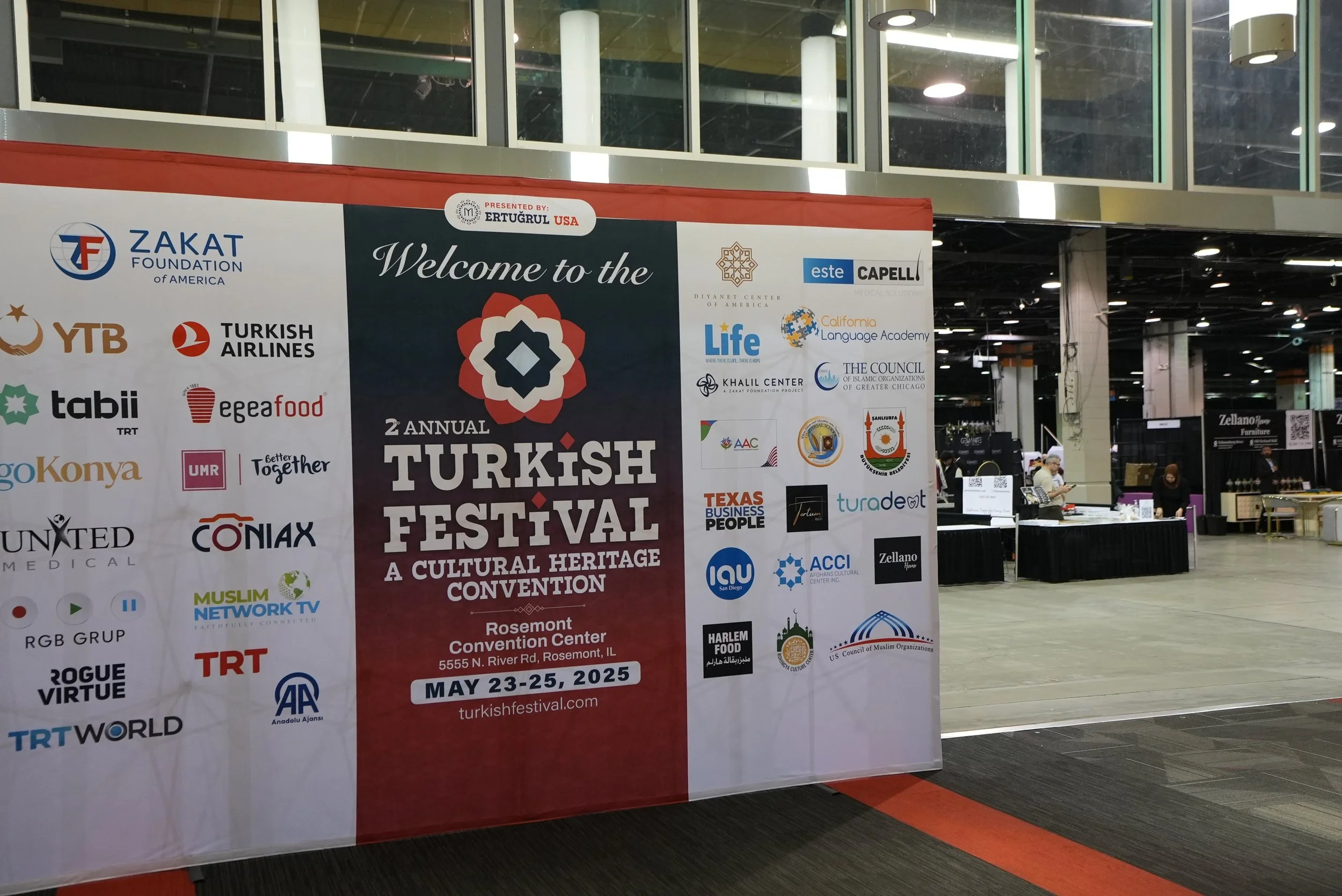 Banner for the 2nd Annual Turkish Festival at Rosemont Convention Center, May 23-25, 2025, with logos of various sponsors and partners.