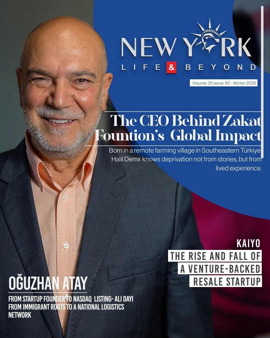 Cover of 'New York & Beyond' magazine featuring Halil Demir wearing a dark suit and orange shirt. The cover highlights stories about startup founder Oğuzhan Atay and a venture-backed resale startup by Kaiyo, with text emphasizing their rise and fall.