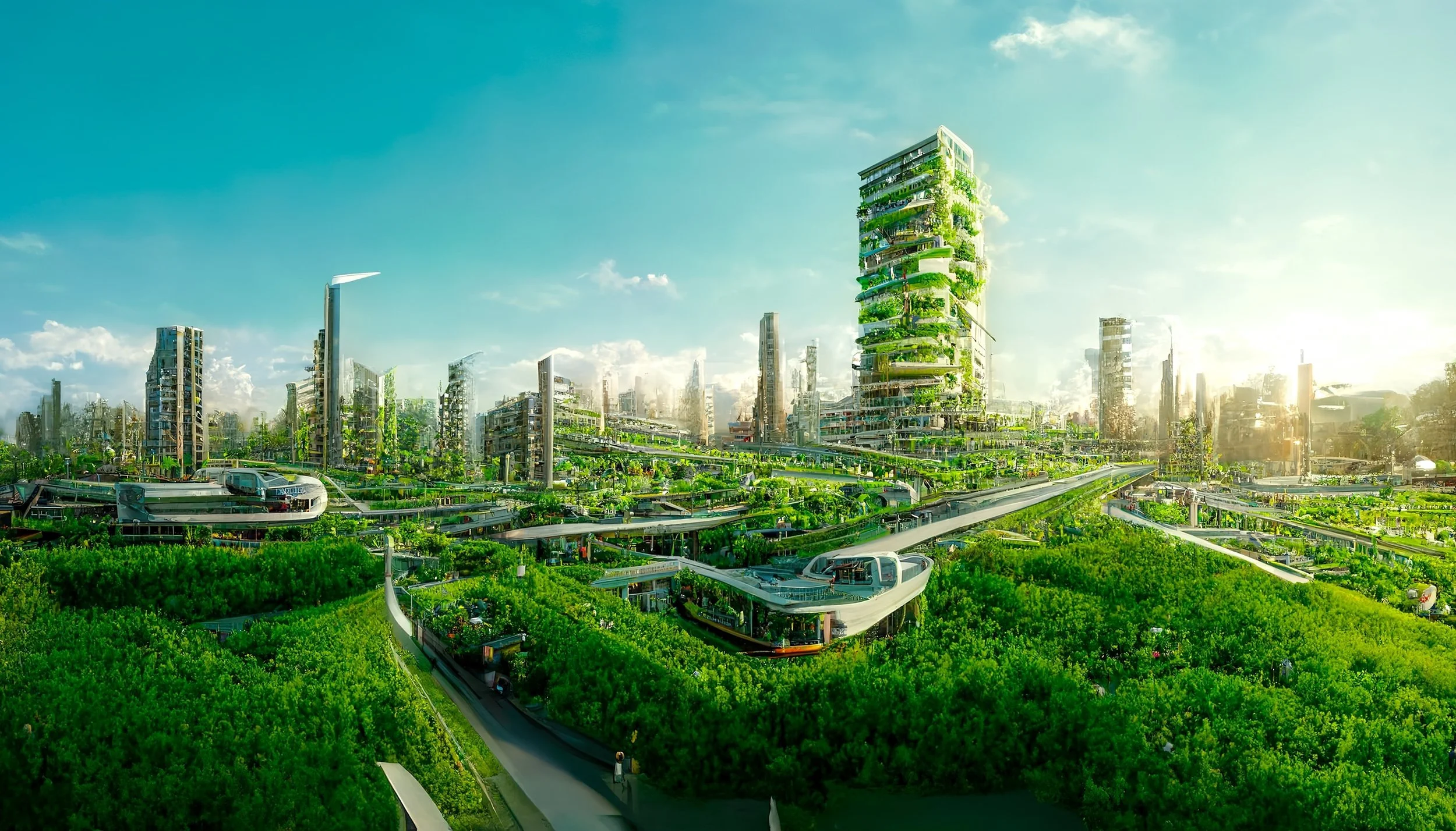 Città futuristica ecologica con grattacieli ricoperti di piante e strade aeree sospese tra edifici.