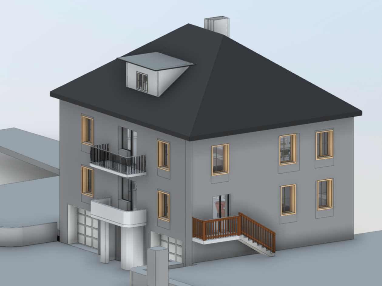 3D model of a multi-story residential house with a black hip roof, multiple windows, a small wooden balcony, and a garage, viewed from an elevated angle.