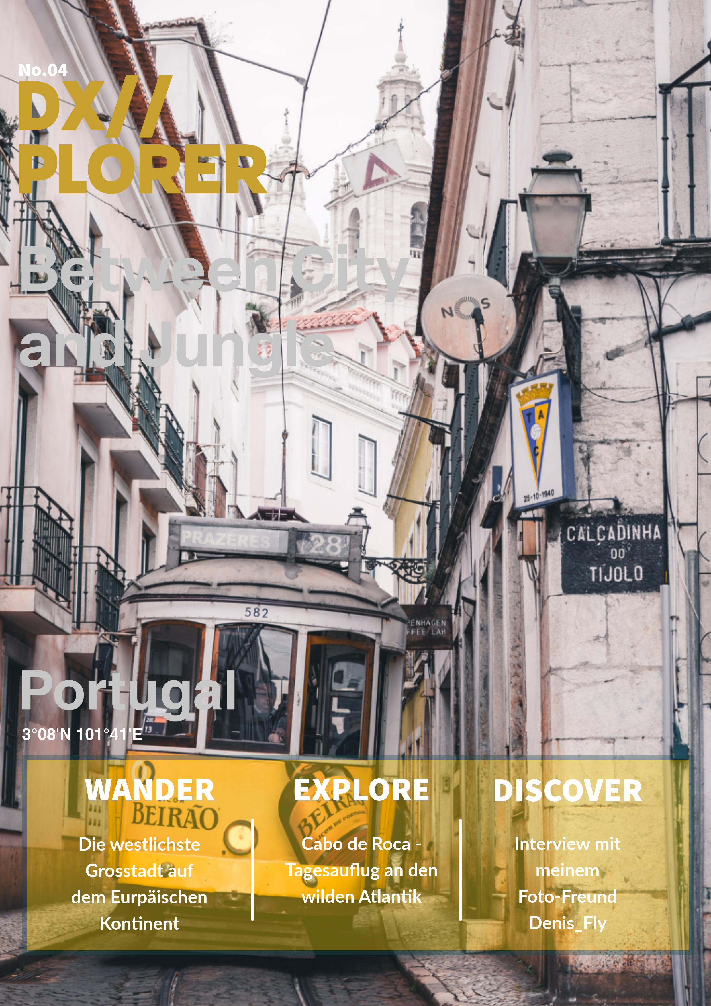 Ein Tram in einer engen, historischen Straße in Portugal mit alten Gebäuden, Straßenschildern und Kabeln über der Straße, im Hintergrund eine Kirche. Auf der Aufnahme liegen Überschriften für einen Reiseführer auf Deutsch, der Orte wie Lissabon, Port