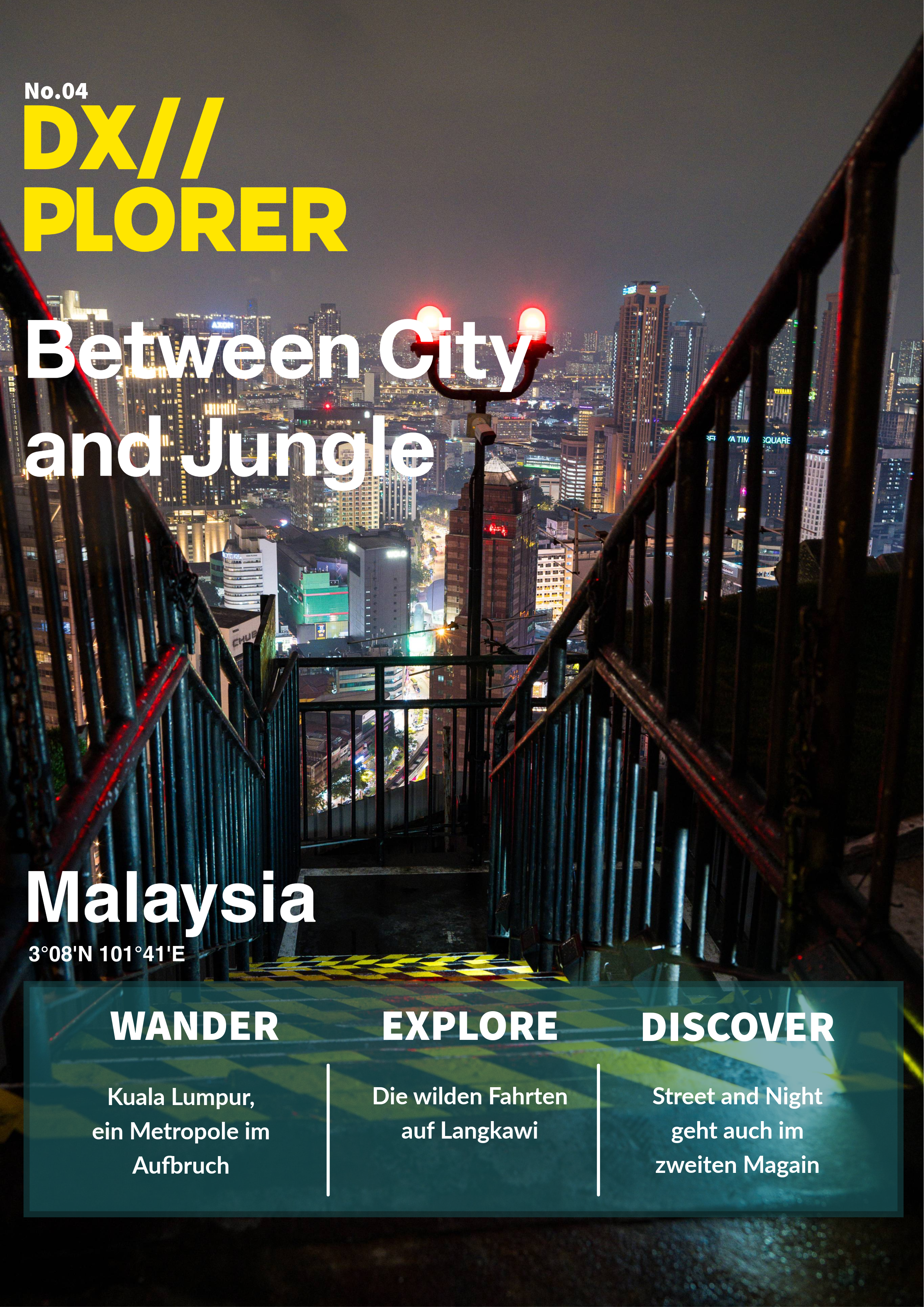 Nächtliche Skyline von Kuala Lumpur, Malaysia, aufgenommen von einer Aussichtstreppe, mit Sicht auf Hochhäuser, leuchtende Lichter und Verkehrsstaus, auf dem Bild ist auch Text mit Reiseinformationen.